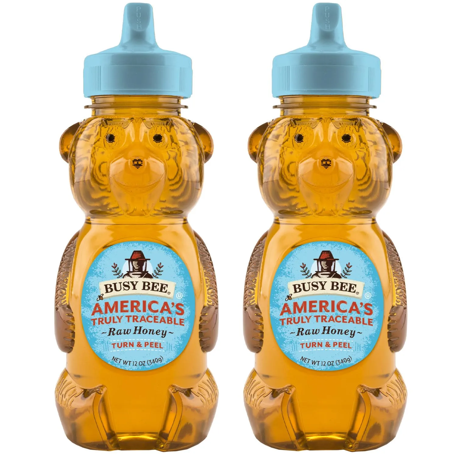 Busy Bee USA Raw Honey, 12 oz Honey Bear Squeeze Bottle (Pack of 2)