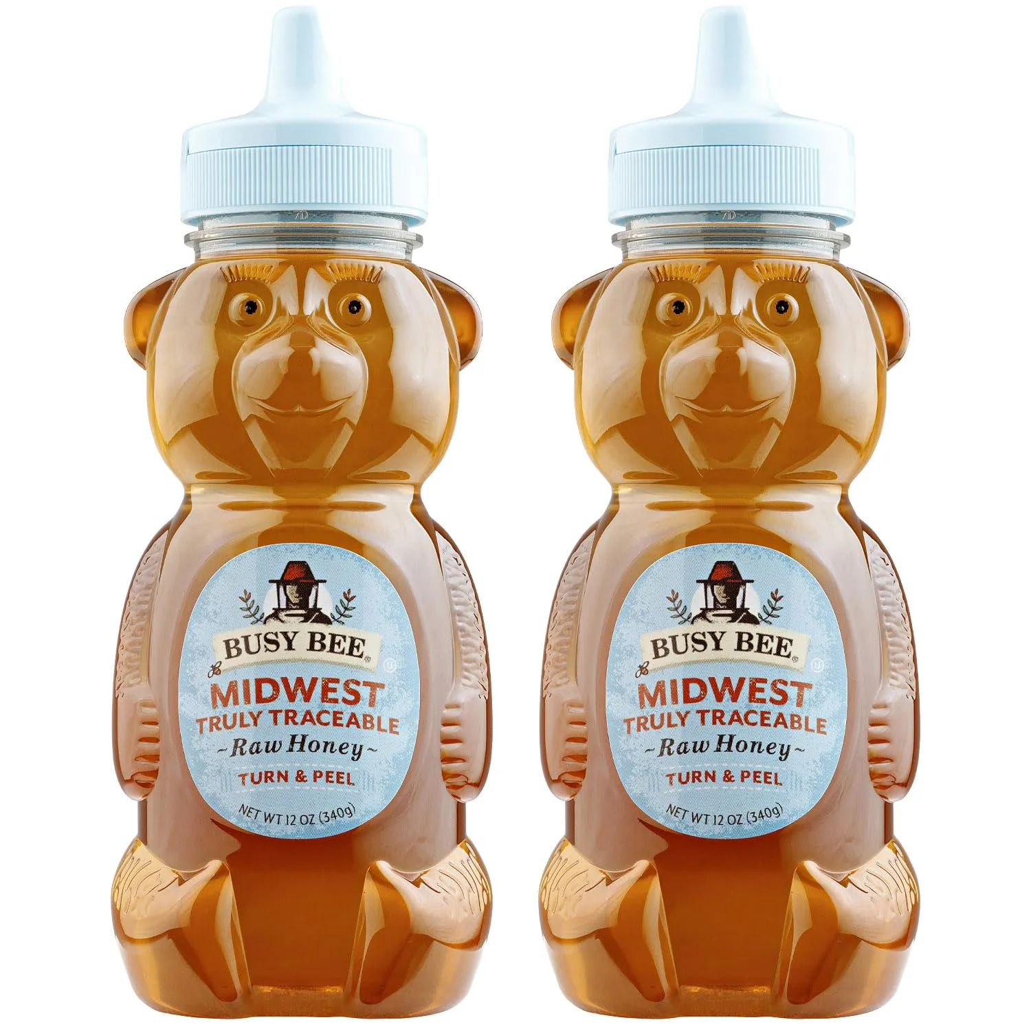 Busy Bee Midwest Raw Honey, 12 oz Honey Bear Squeeze Bottle (Pack of 2)