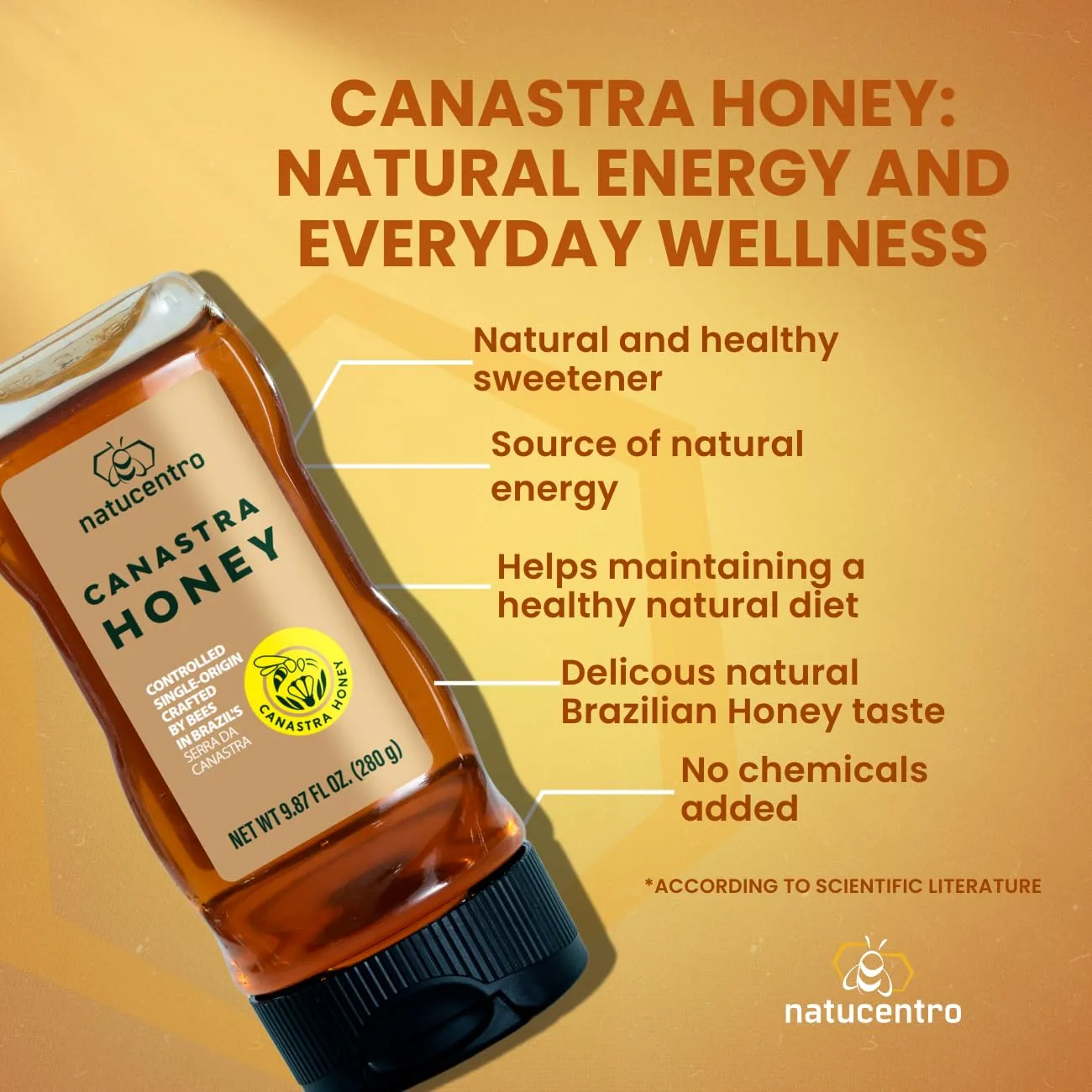 Honey. Imported Brazilian Premium Gourmet Natural Honey, Single-Origin Brazilian, Light and Flavorful, Natural Energy Source, Natural Sweetener, 9.87 Fl Oz by Natucentro, direct from the Brazilian Canastra Hills to your table