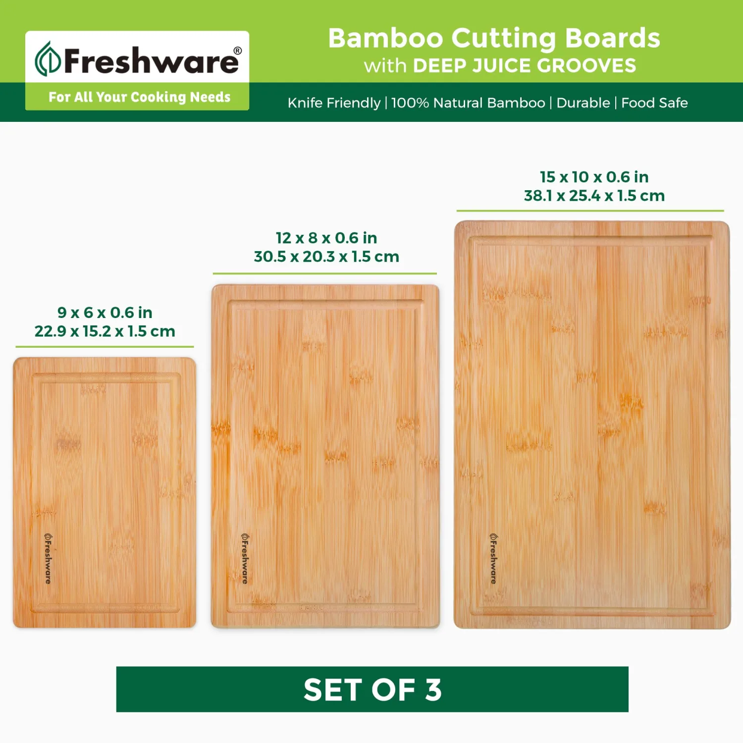 Freshware Bamboo Cutting Boards for Kitchen, Juice Groove, Set of 3