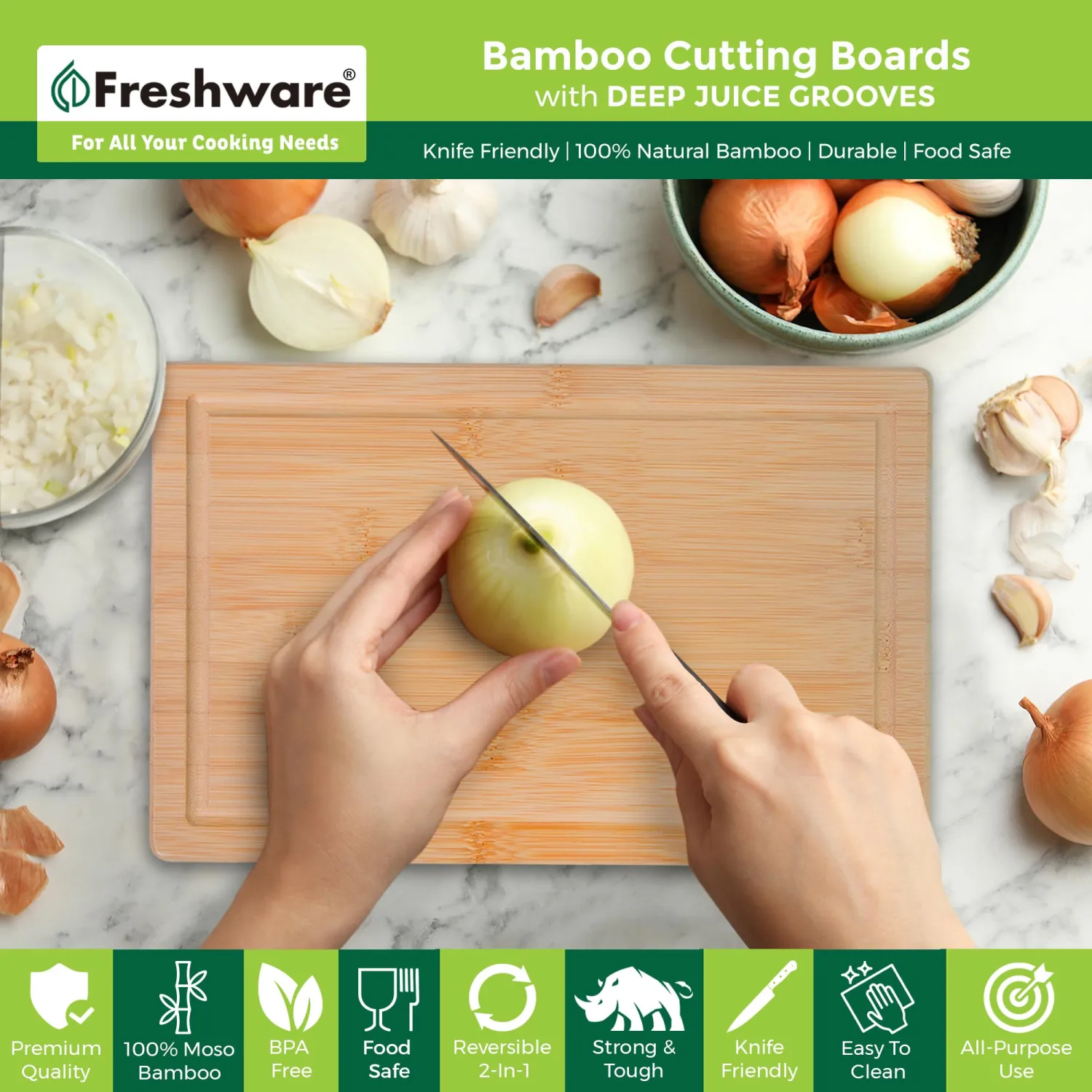 Freshware Bamboo Cutting Boards for Kitchen, Juice Groove, Set of 3