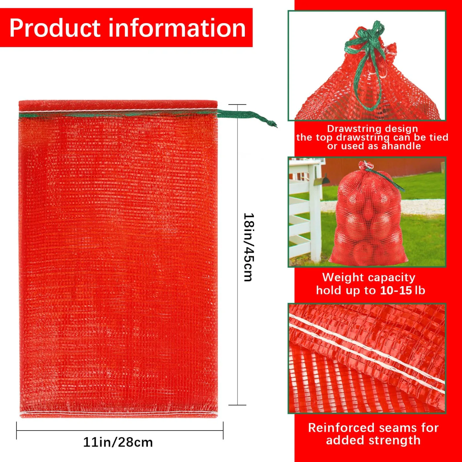 20 Pack Red Mesh Onion Bags 11x18in with Drawstring, 10 lb Breathable Reusable Produce Potato Storage Sacks for Potatoes Onions Garlic Citrus Crawfish Firewood, Washable Net Bag for Vegetables
