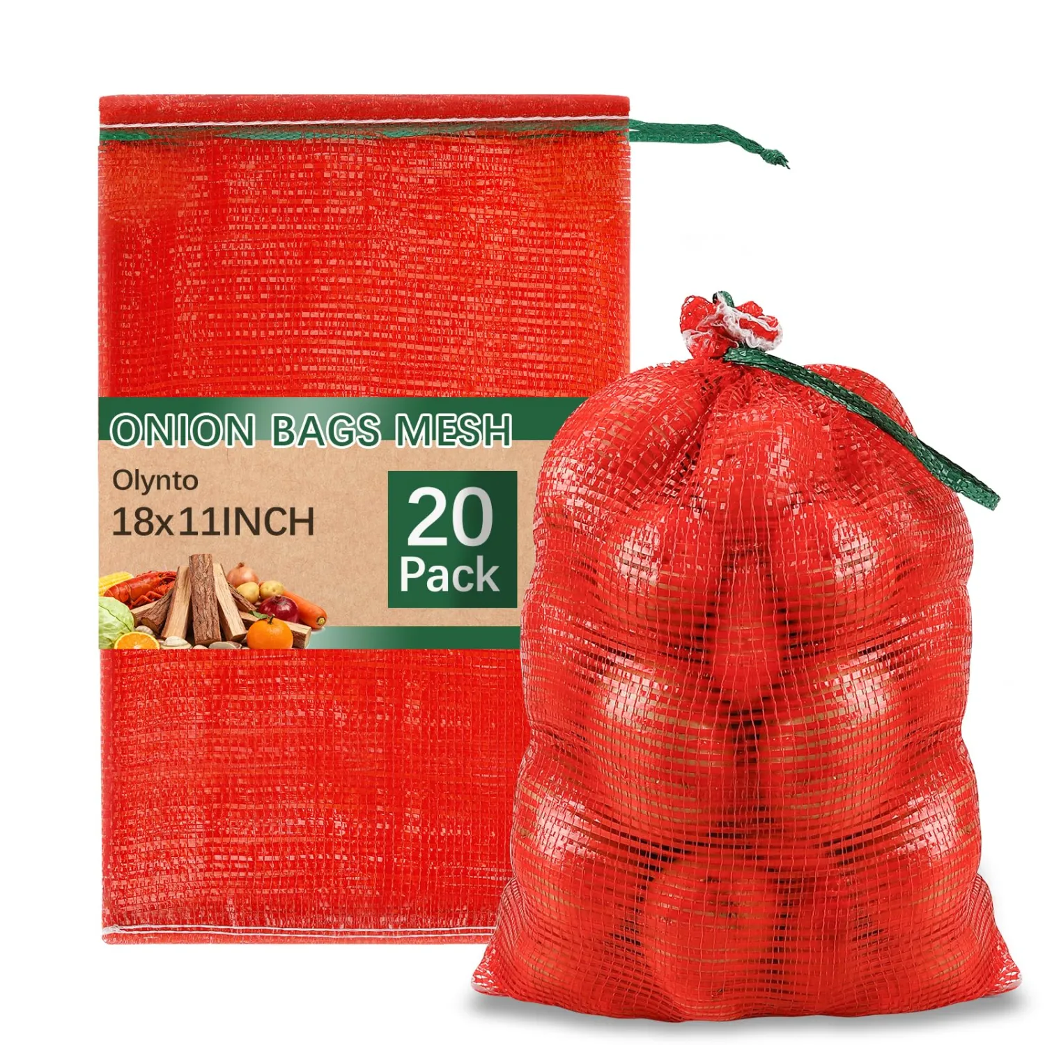 20 Pack Red Mesh Onion Bags 11x18in with Drawstring, 10 lb Breathable Reusable Produce Potato Storage Sacks for Potatoes Onions Garlic Citrus Crawfish Firewood, Washable Net Bag for Vegetables