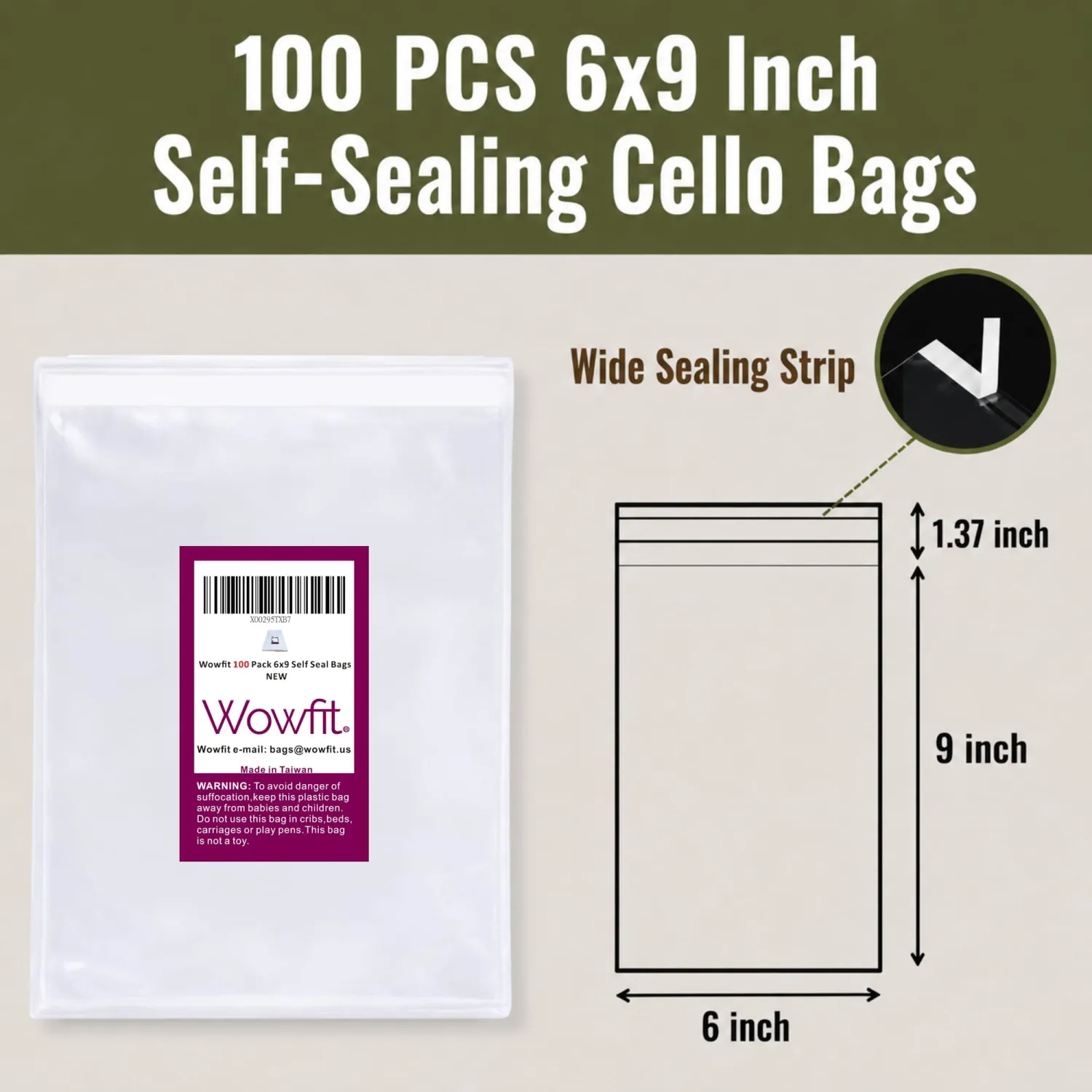 Wowfit 100 CT 6x9 Self Adhesive Cello Bags, Large Cookies, Greeting Cards