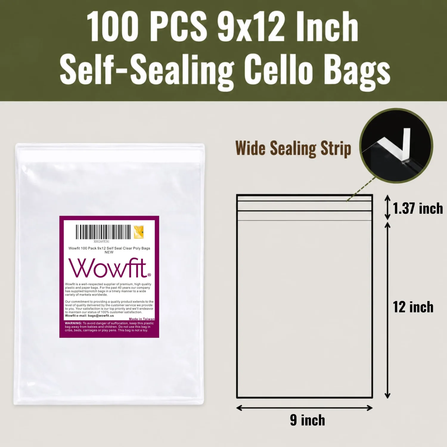 Wowfit 100 CT 9x12 Self Sealing Clear T Shirt Bags for Small Business