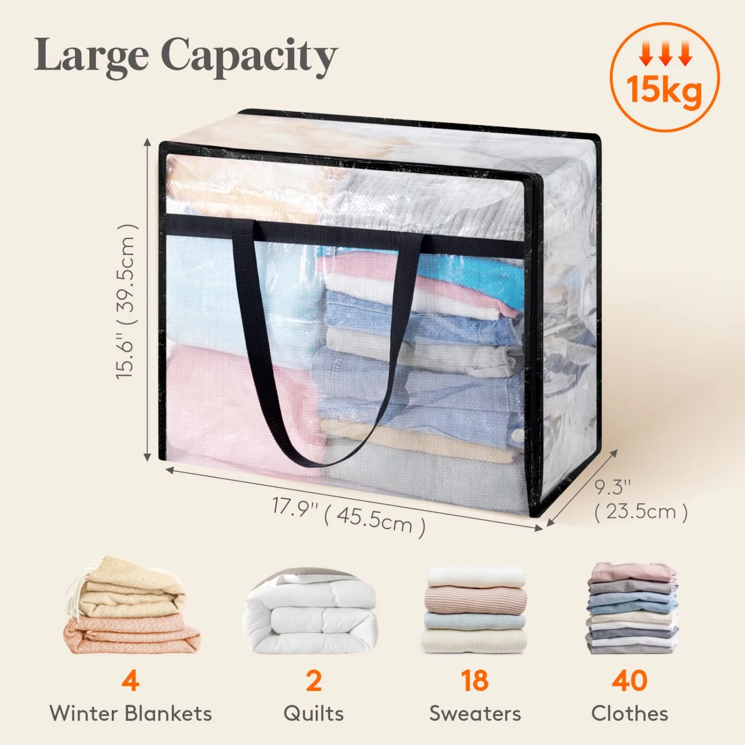 Lifewit 2 Pack Clear Storage Bags, 45L Clothes Organizer with Zipper