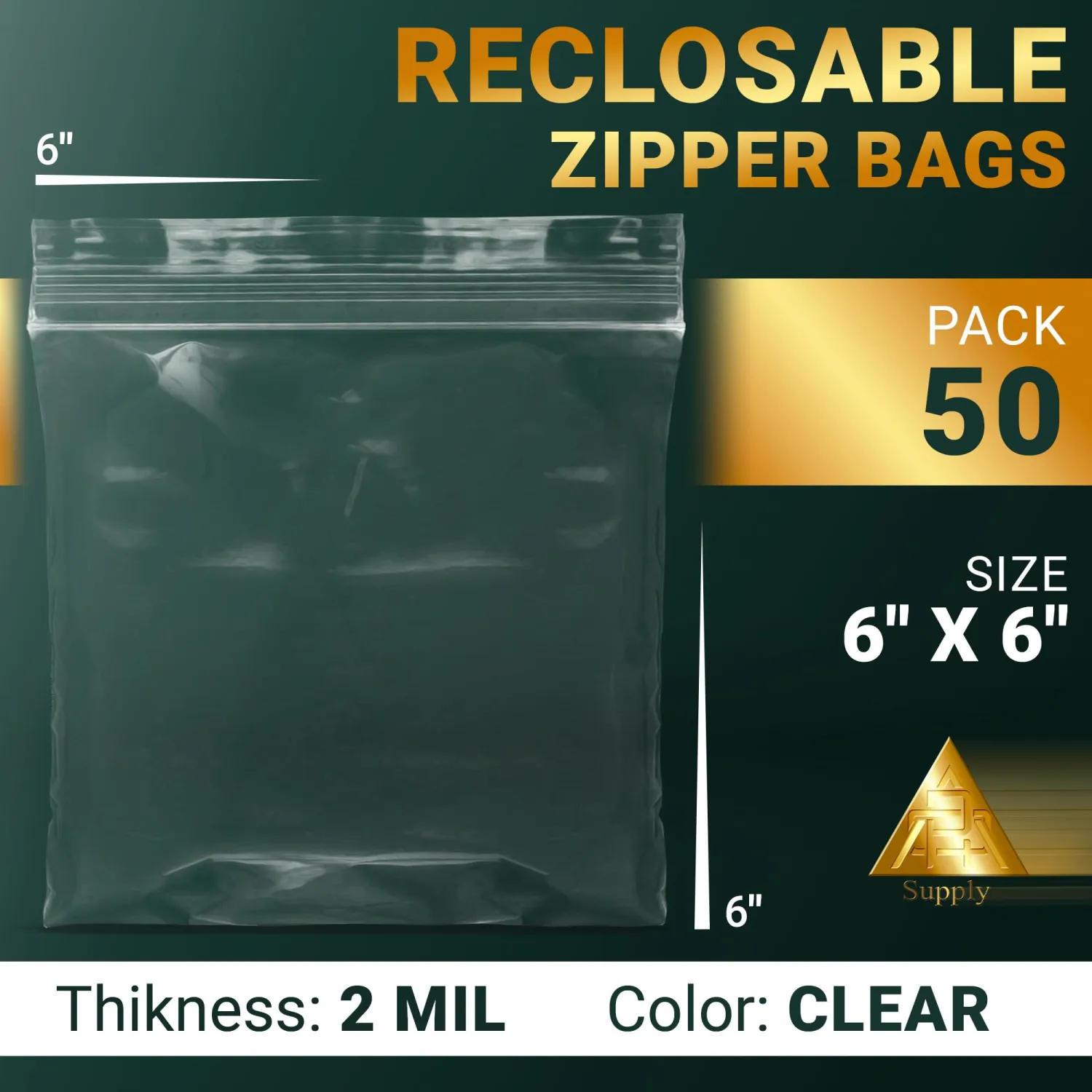 APQ Supply Clear Plastic Reclosable Zipper Bags, 6 x 6 Inch. Pack of 50 Resealable Plastic Bags. High Clarity Polypropylene Reclosable Zip Bag, 2 mil.