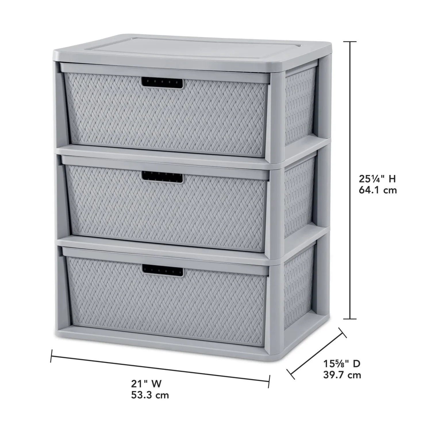 Wide 3 Drawer Tower, Easy Assembly Tool-Free, Removable Decorative Cross-Weave Plastic Drawers, Gray Storage Unit
