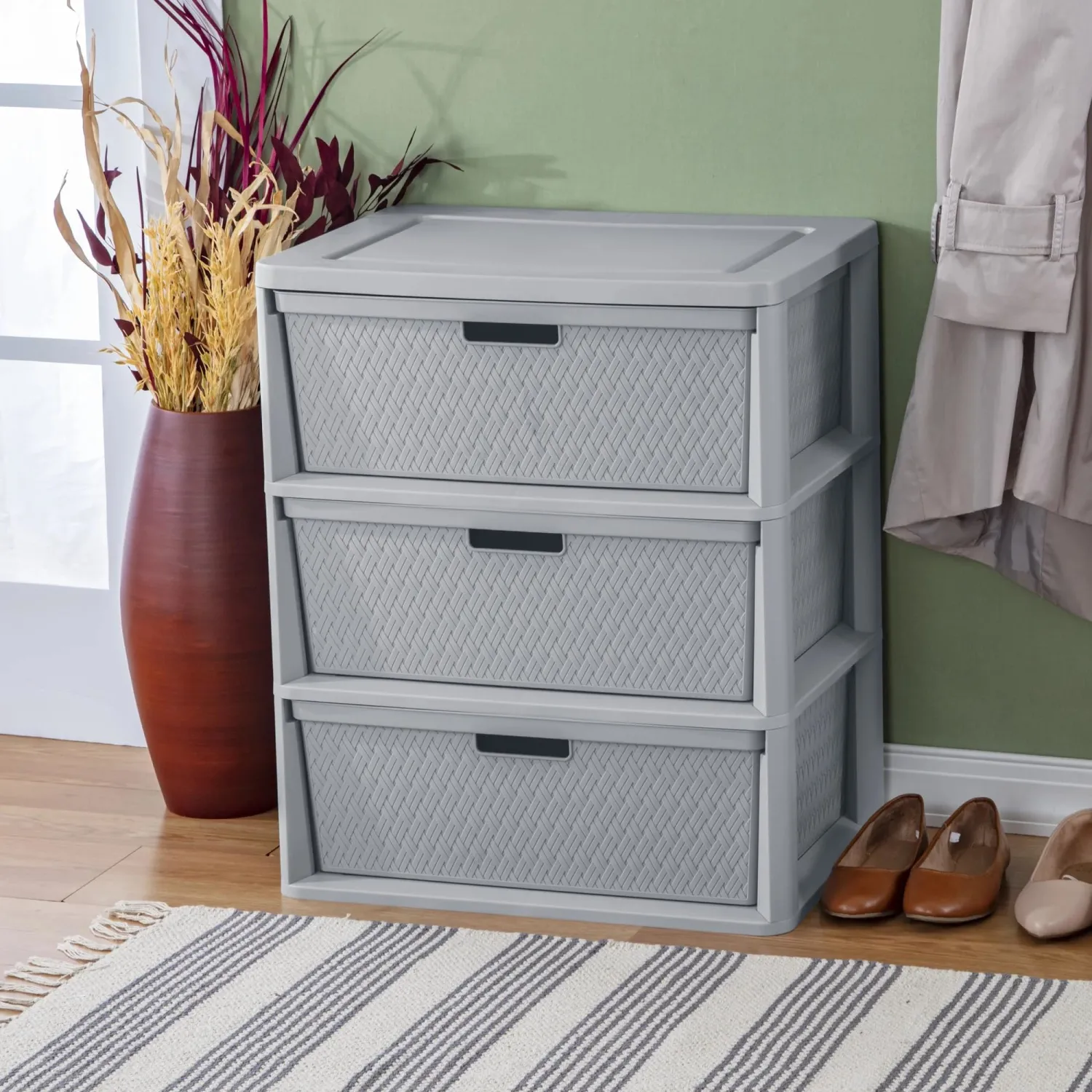 Wide 3 Drawer Tower, Easy Assembly Tool-Free, Removable Decorative Cross-Weave Plastic Drawers, Gray Storage Unit