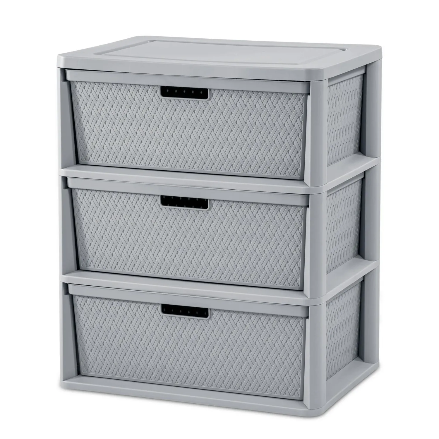 Wide 3 Drawer Tower, Easy Assembly Tool-Free, Removable Decorative Cross-Weave Plastic Drawers, Gray Storage Unit