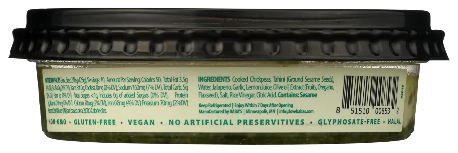 Baba's Jalapeo Green Shutta Hummus, 10 OZ