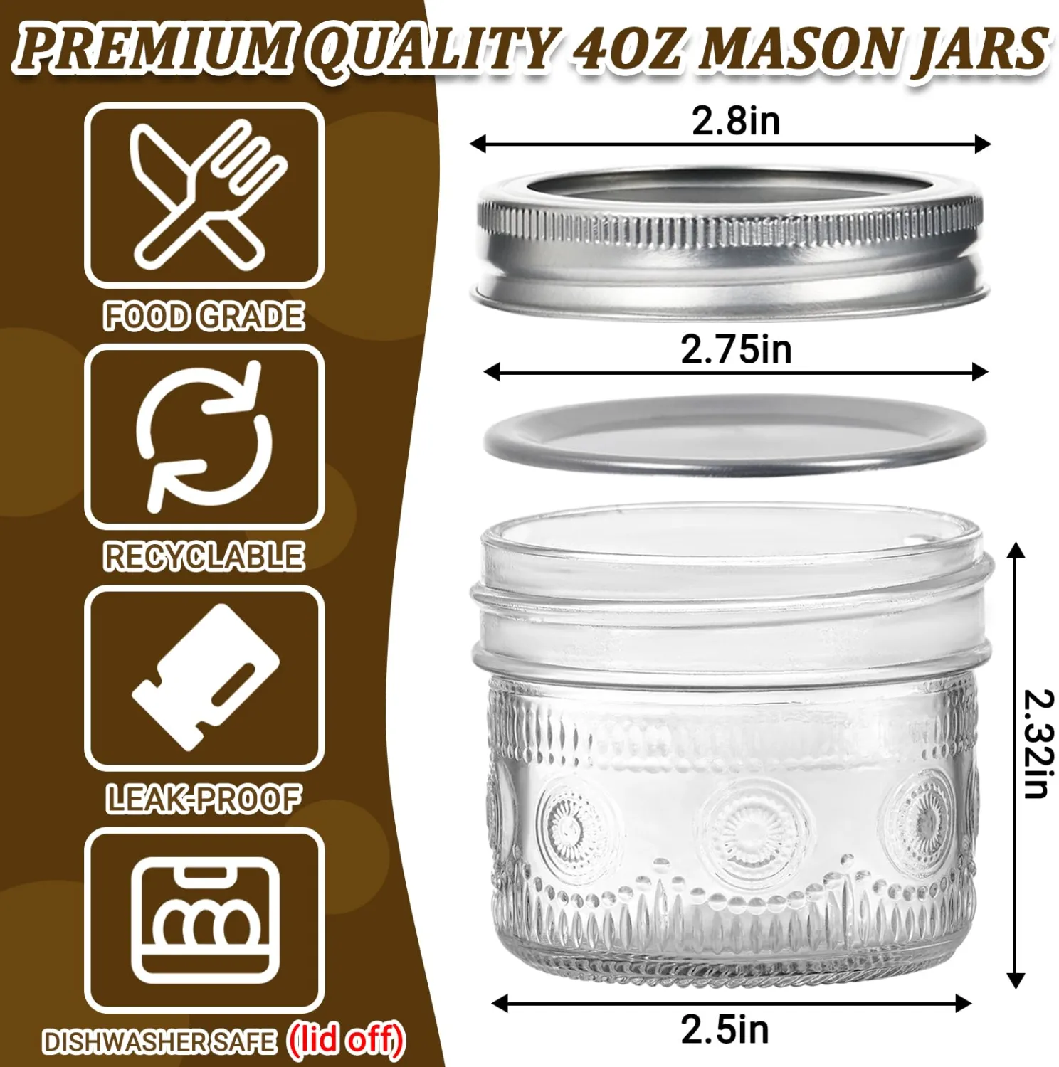 Alotpower 4 oz Glass Mason Jars with Embossed Pattern 4 Pack