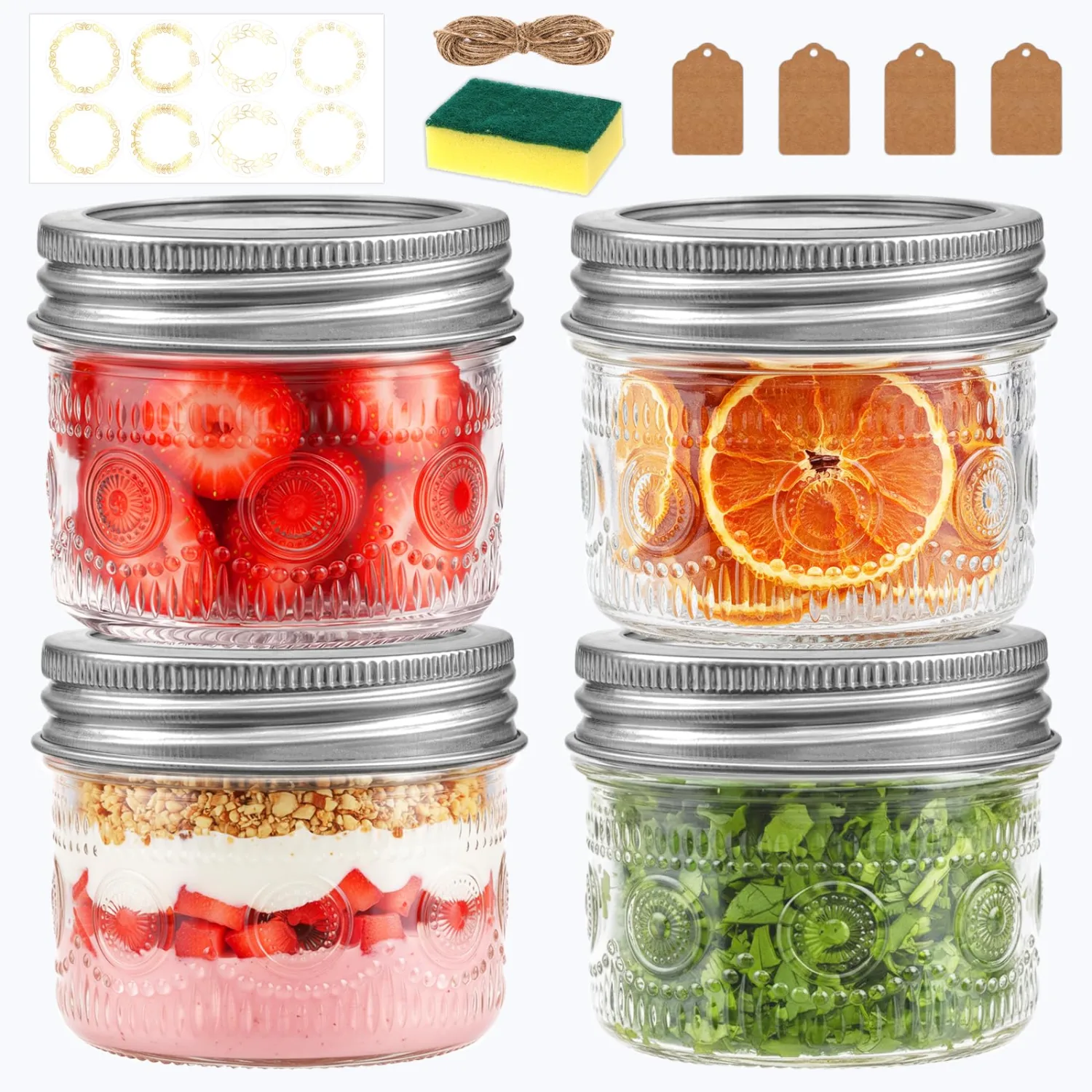 Alotpower 4 oz Glass Mason Jars with Embossed Pattern 4 Pack