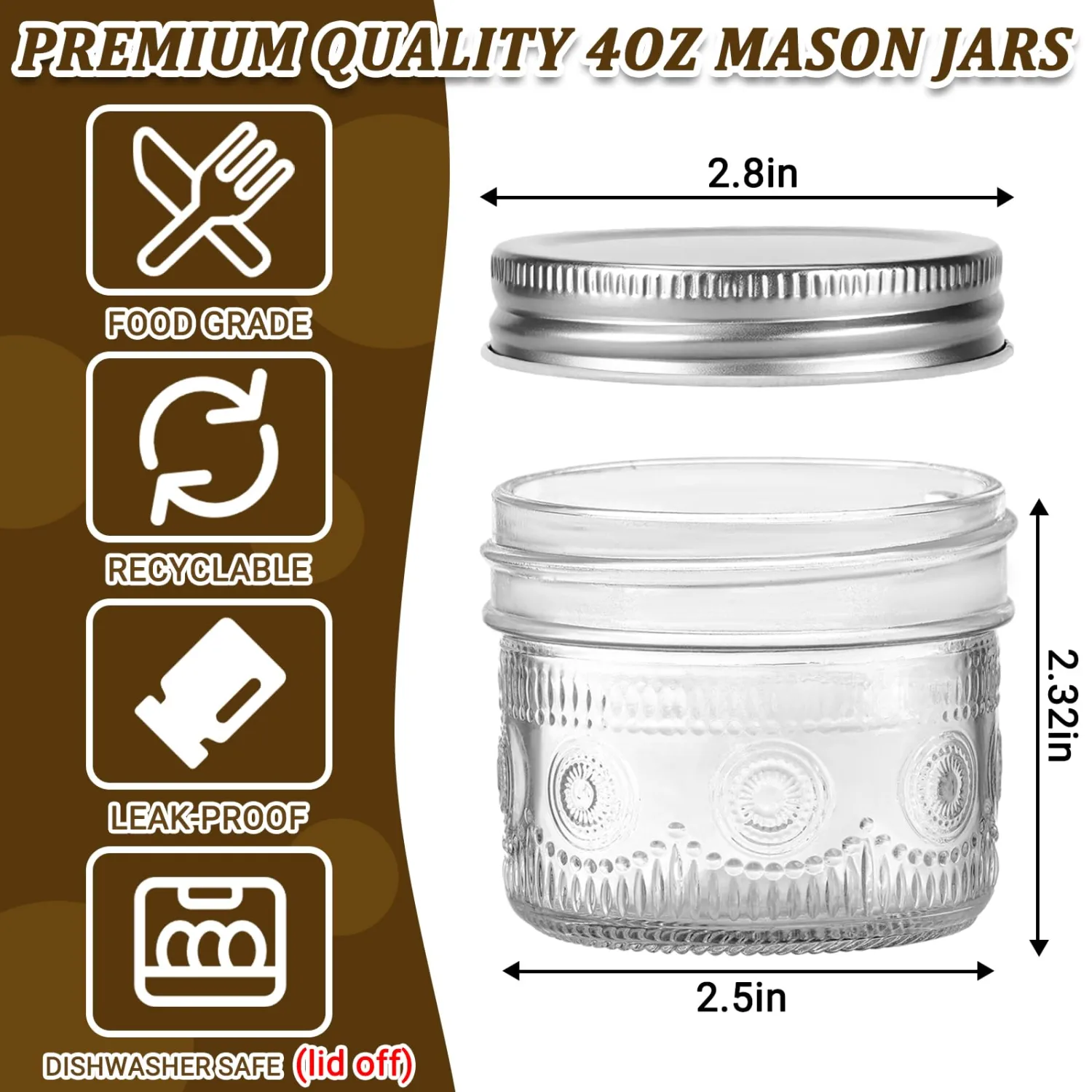 Alotpower 4 oz Glass Mason Jars with Embossed Pattern 4 Pack