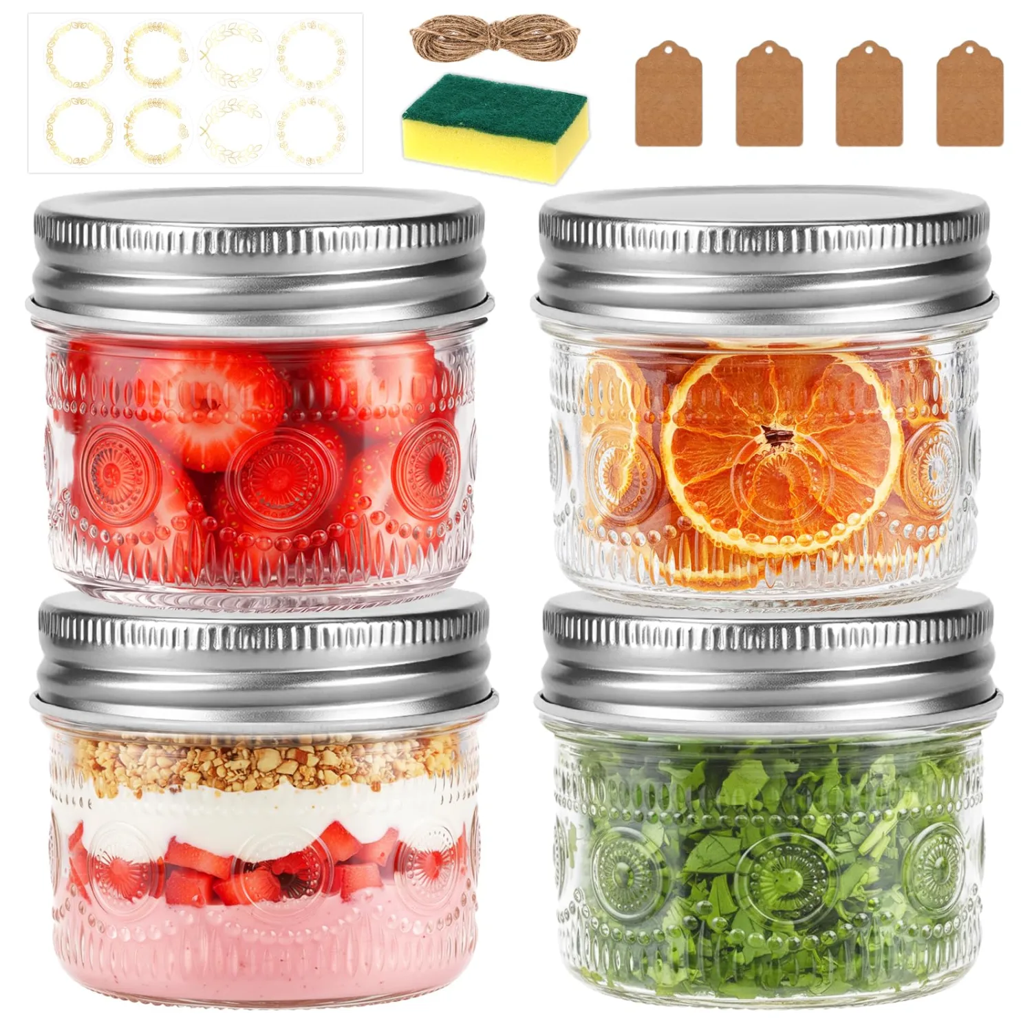 Alotpower 4 oz Glass Mason Jars with Embossed Pattern 4 Pack