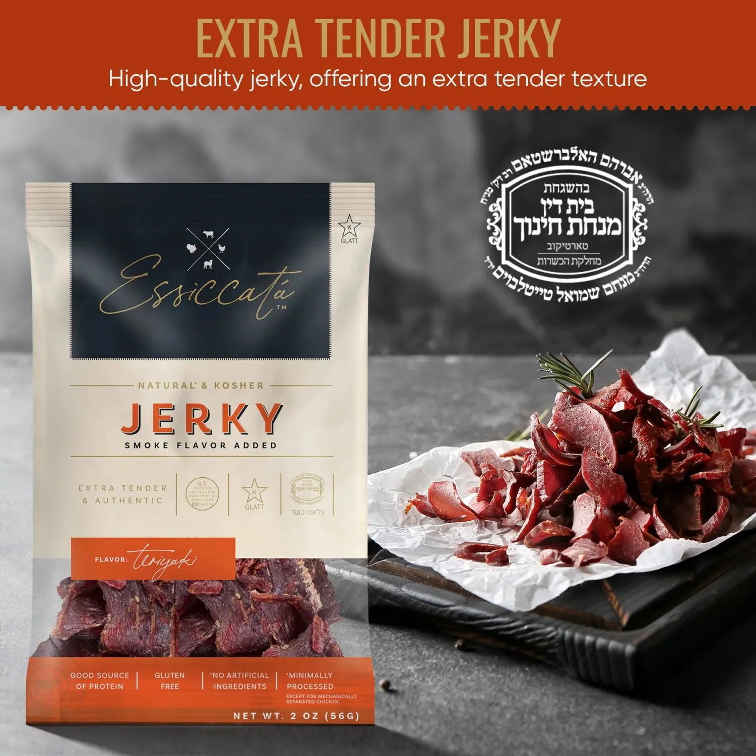 Aufschnitt Essicata Jerky - Extra Tender, Low Sodium - Made in USA - Certified Kosher - Keto Friendly - 5 Pack, Teriyaki