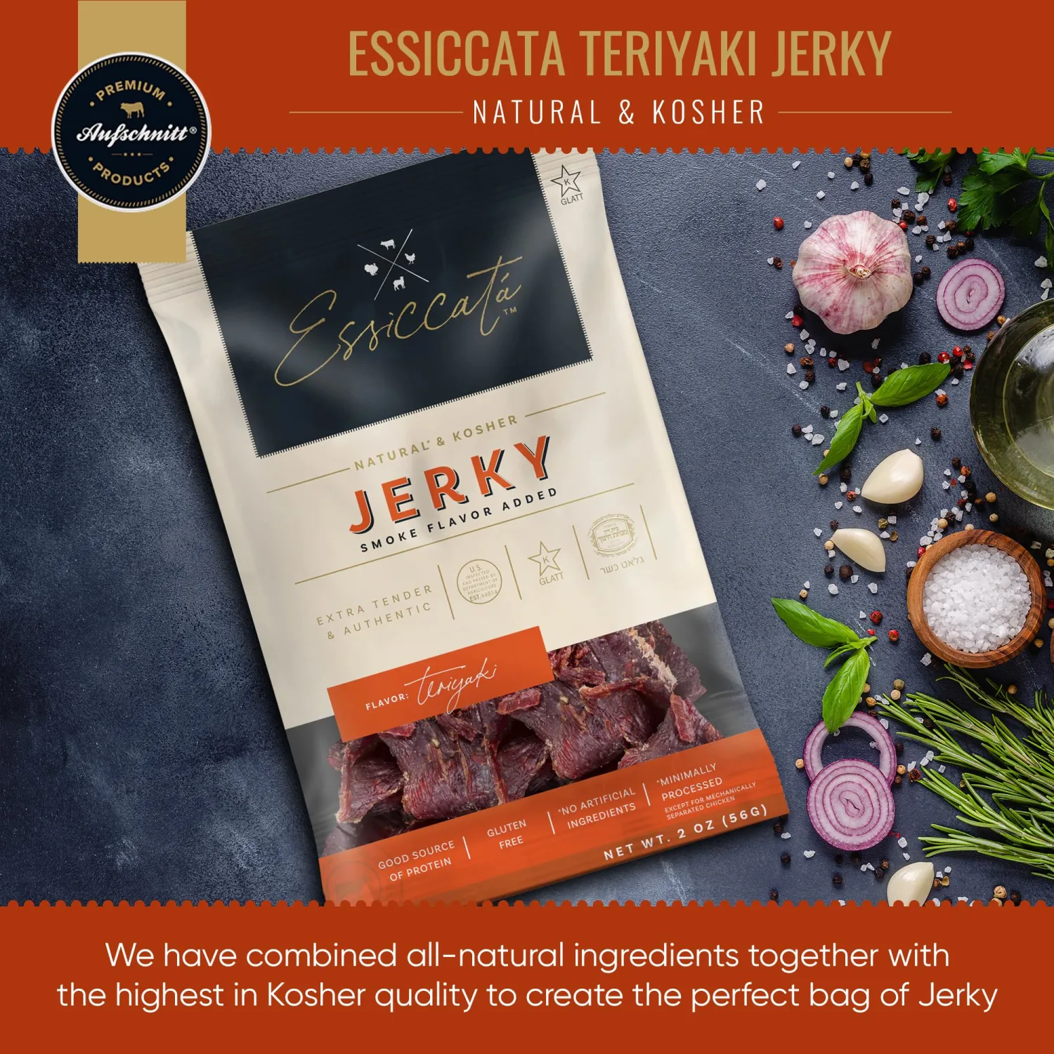 Aufschnitt Essicata Jerky - Extra Tender, Low Sodium - Made in USA - Certified Kosher - Keto Friendly - 5 Pack, Teriyaki