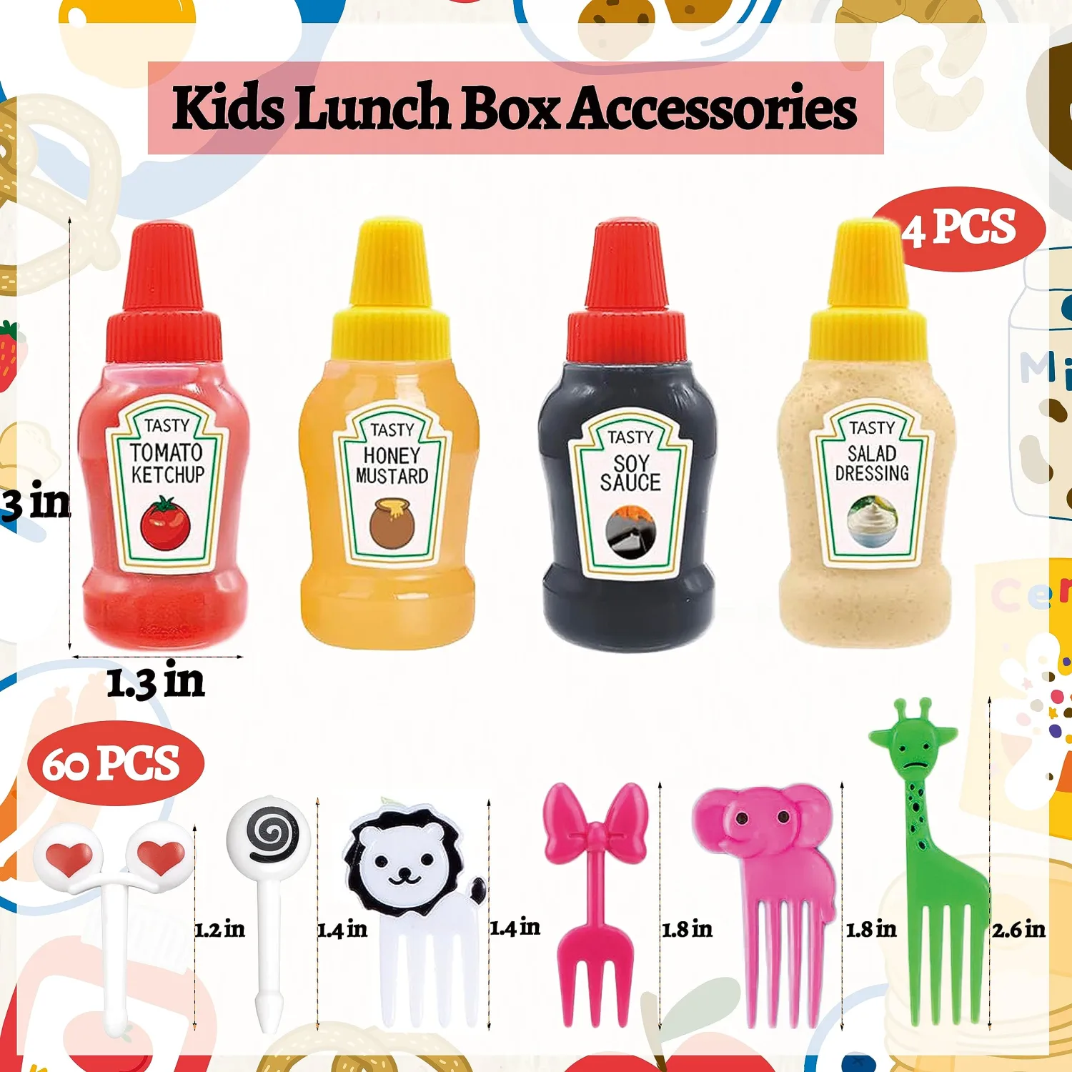 64Pcs Kids Lunch Accessories, Mini Ketchup Bottle for Bento Box Accessories