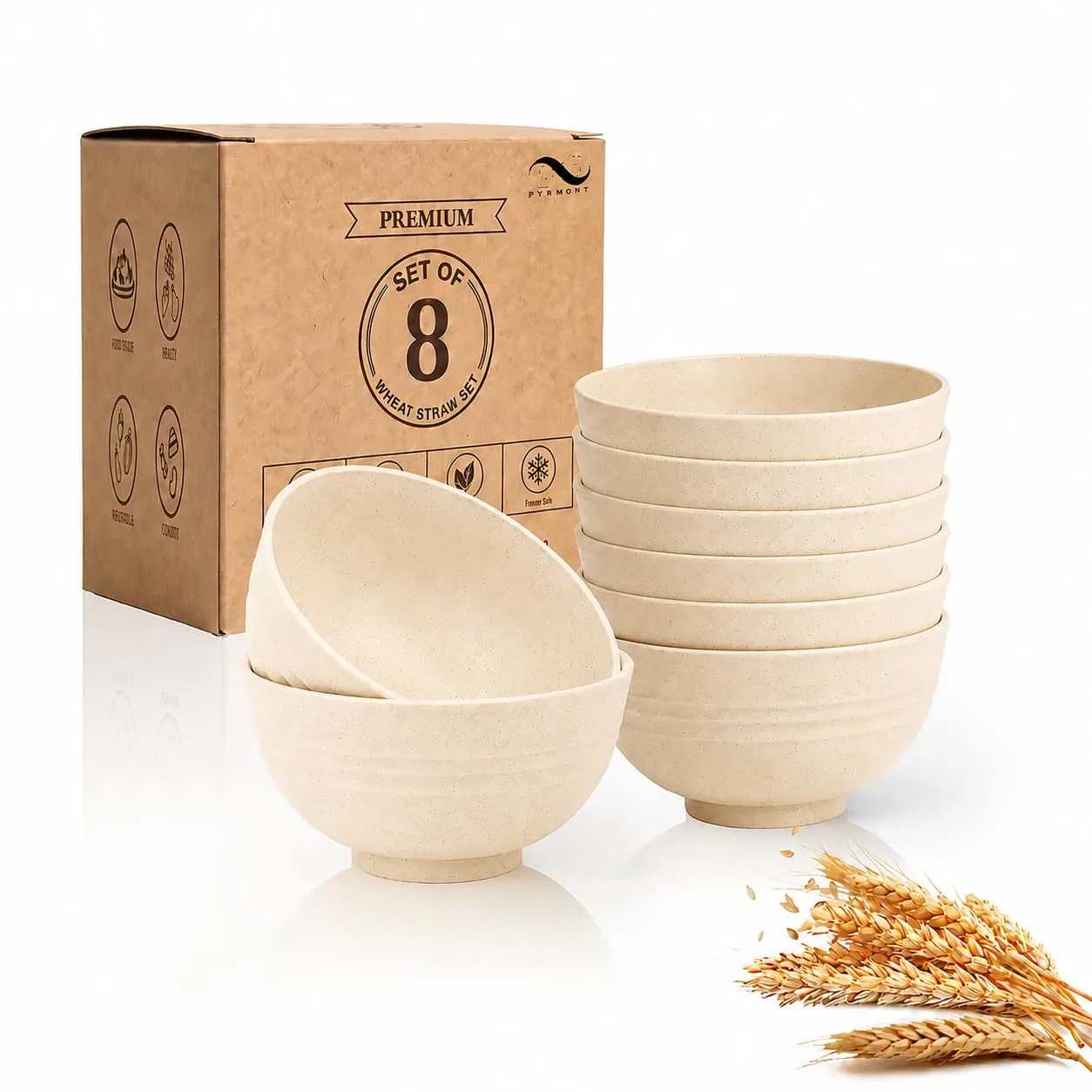 PYRMONT Wheat Straw Bowls 10 Oz Small Unbreakable Bowls(8pcs,Beige)