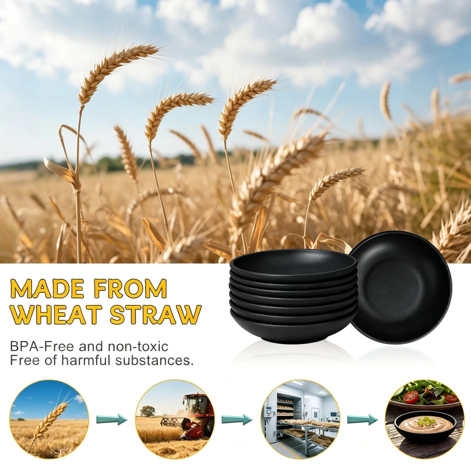 PYRMONT Unbreakable Black Bowls 2 Oz Small Wheat Straw Dipping Bowls(8pcs)