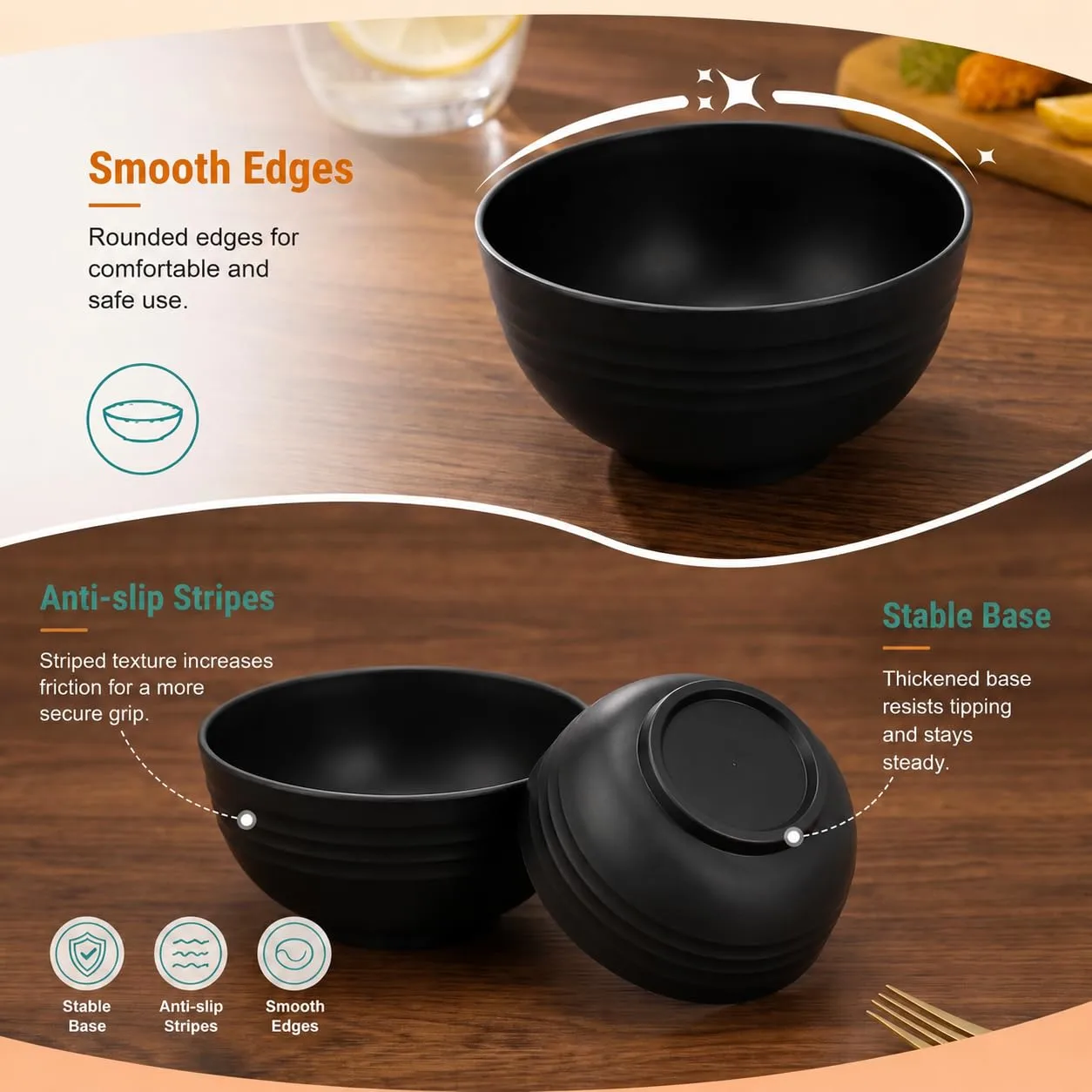 PYRMONT Alternative Black Plastic Bowls 10 Oz Wheat Straw Bowls(8pcs)