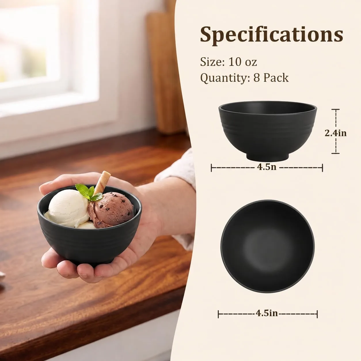 PYRMONT Alternative Black Plastic Bowls 10 Oz Wheat Straw Bowls(8pcs)