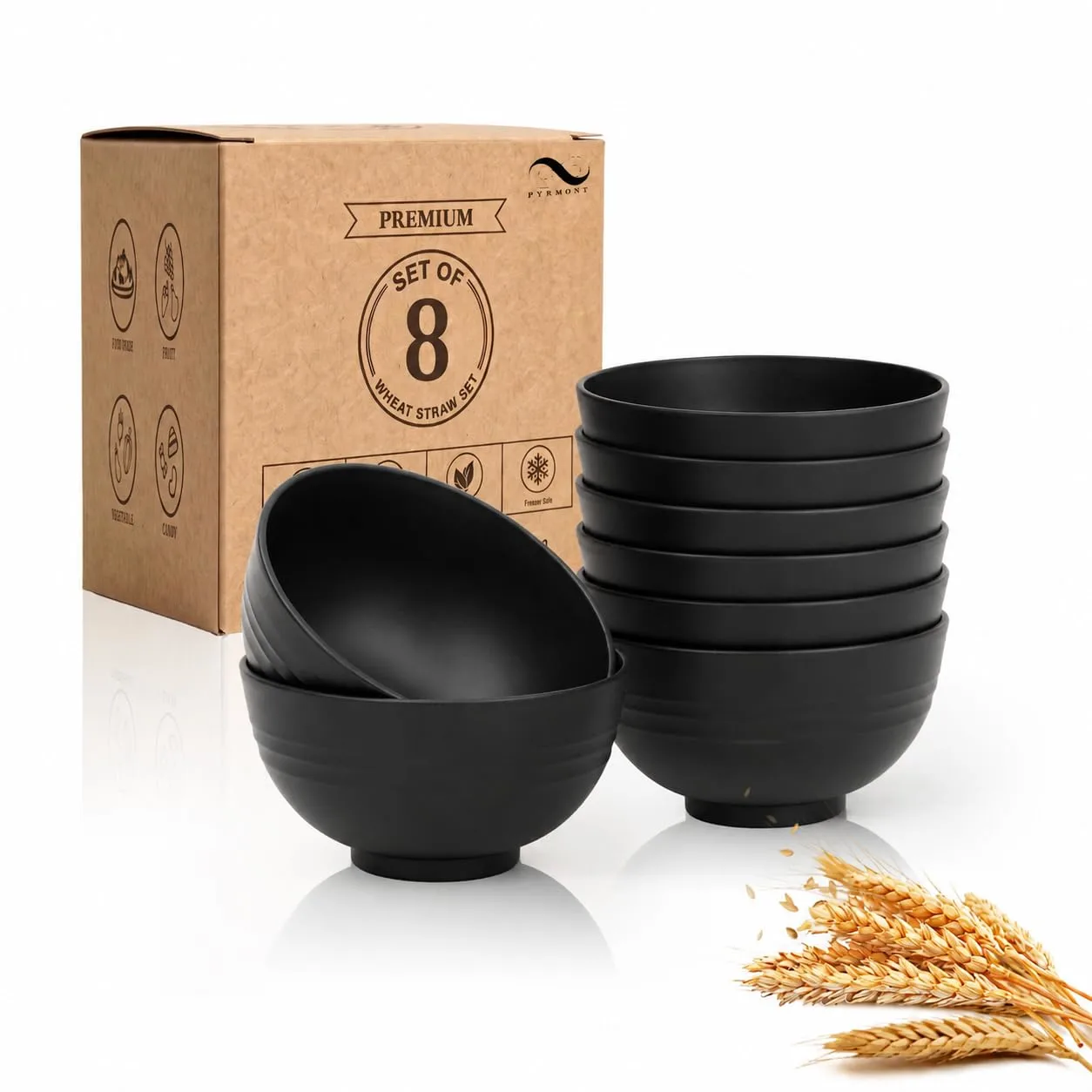 PYRMONT Alternative Black Plastic Bowls 10 Oz Wheat Straw Bowls(8pcs)