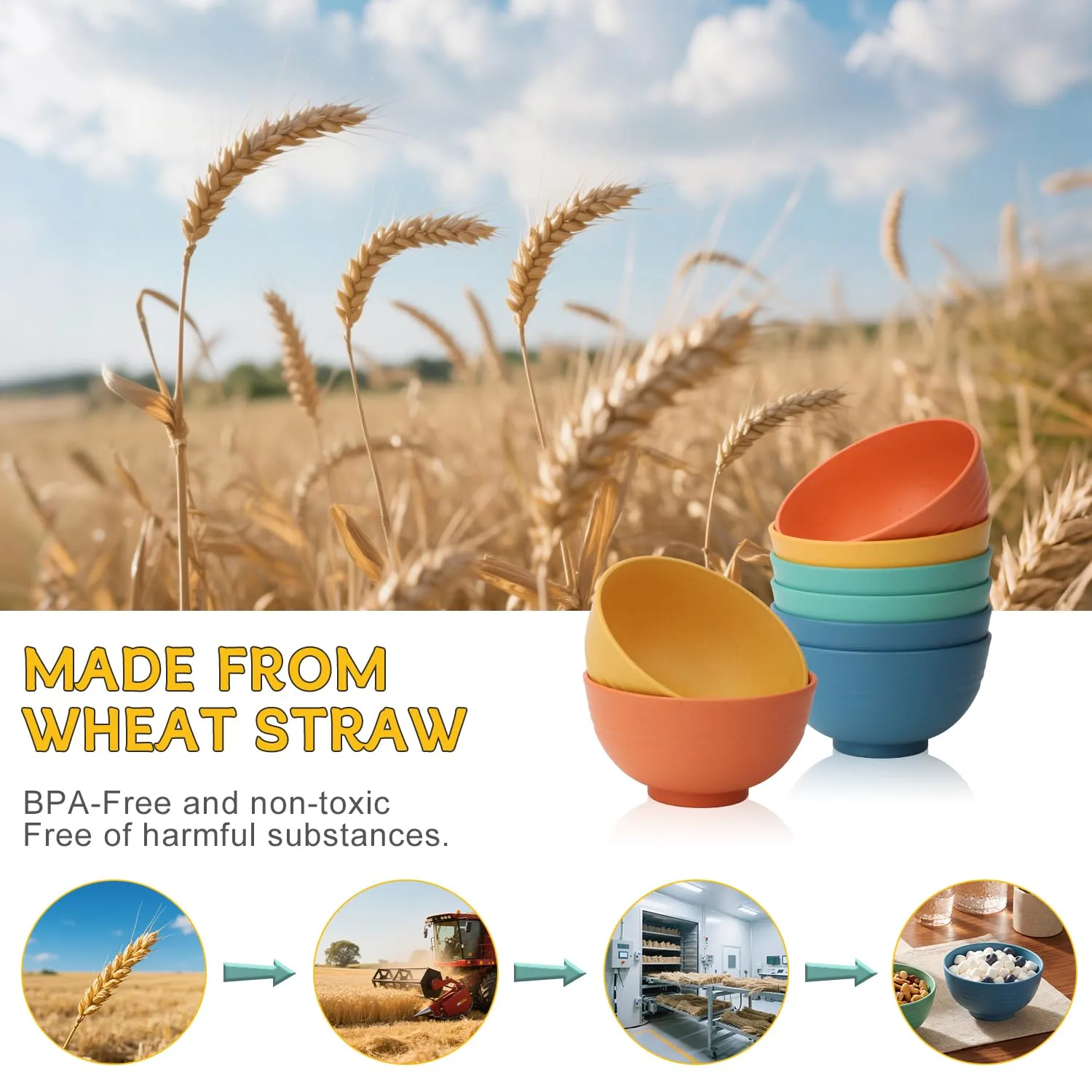 PYRMONT Wheat Straw Bowls 10 Oz Unbreakable Small Colorful Bowls(8pcs)