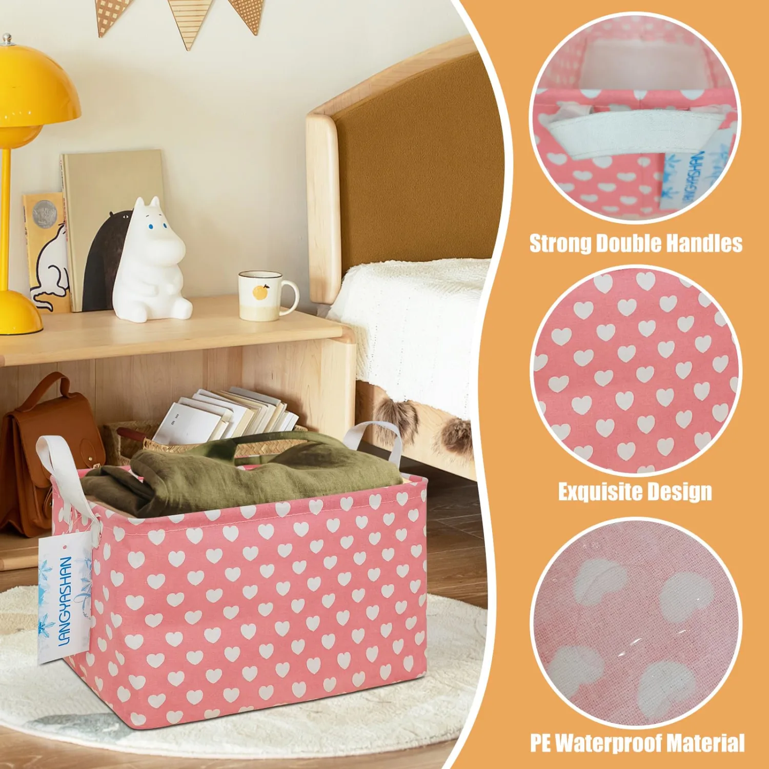 Rectangular Collapsible Storage Basket Nursery Organizer Pink Heart