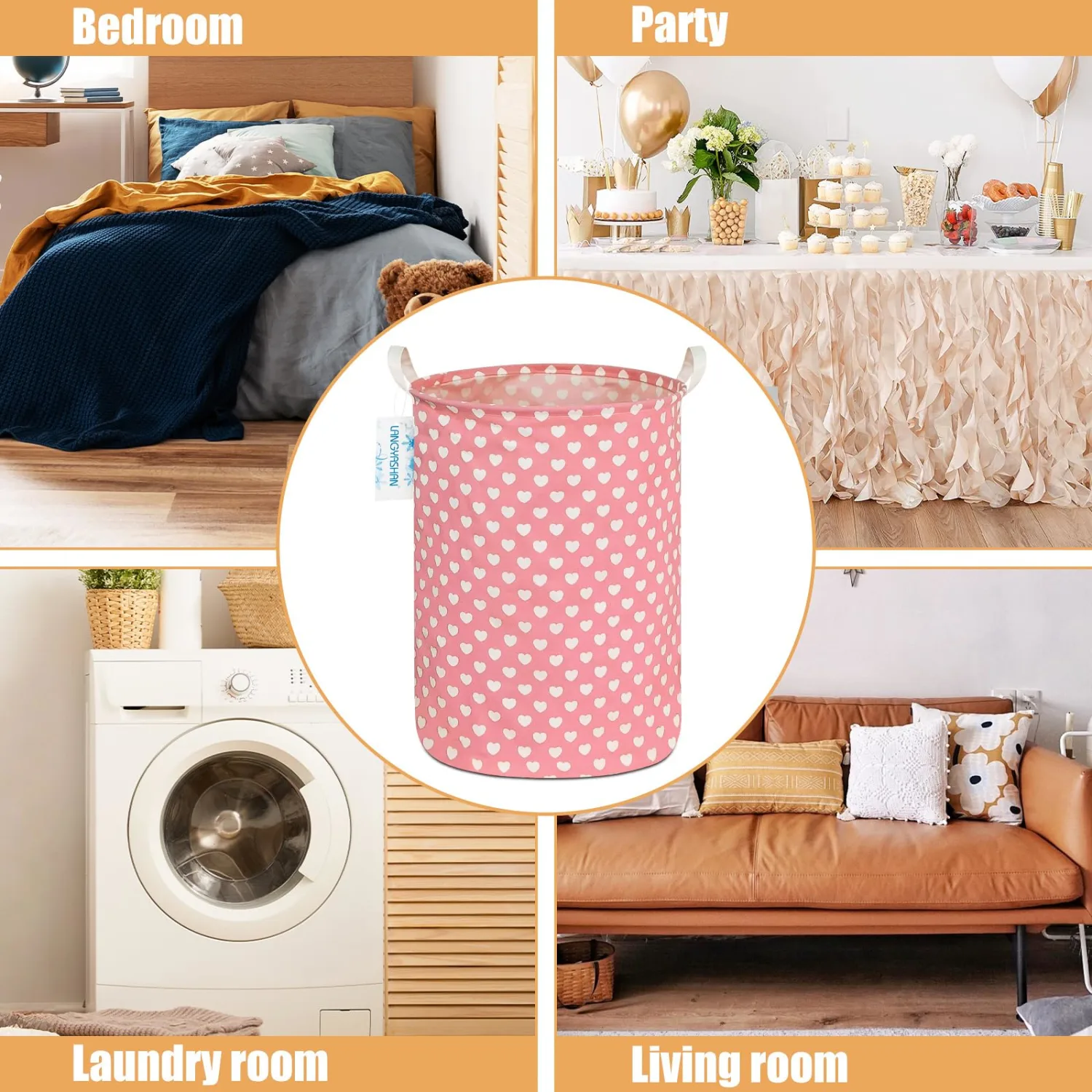 Round Laundry Basket Collapsible Storage Hamper Organizer Pink Heart