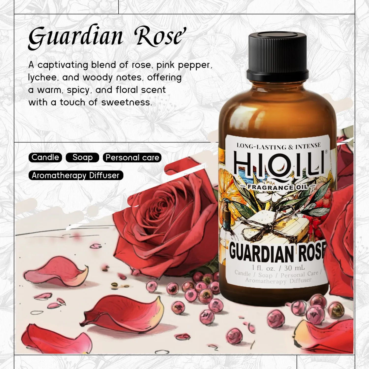 HIQILI Guardian Rose Fragrance Oil for Candle, Soap & Perfume - 1 Fl Oz