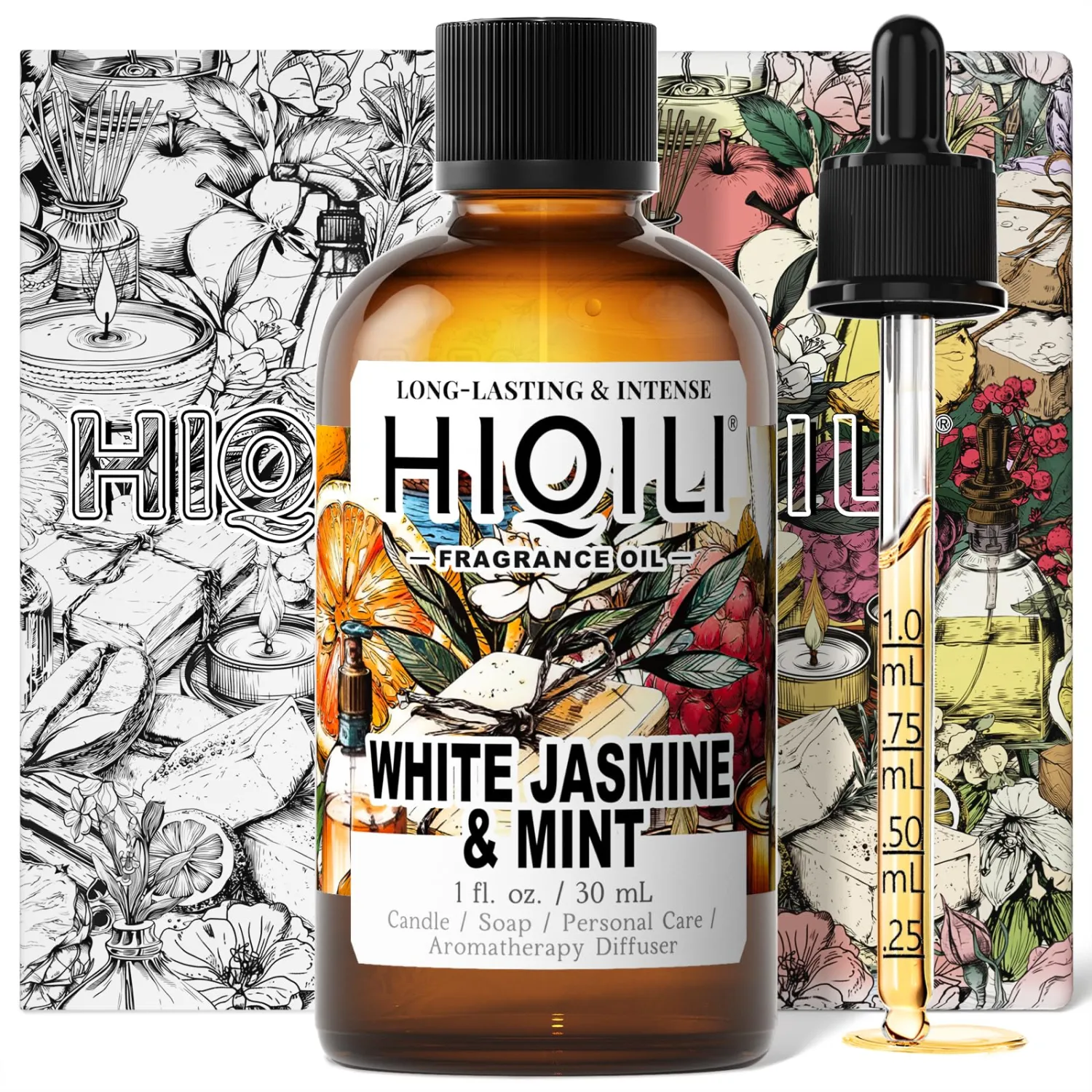 HIQILI White Jasmine & Mint Fragrance Oil for Diffuser, Candle, Soap & Perfume Making, Floral Herbal Scent with Fresh Tea Notes, Long-Lasting Scent - 1.0 Fl Oz(Pack of 1)