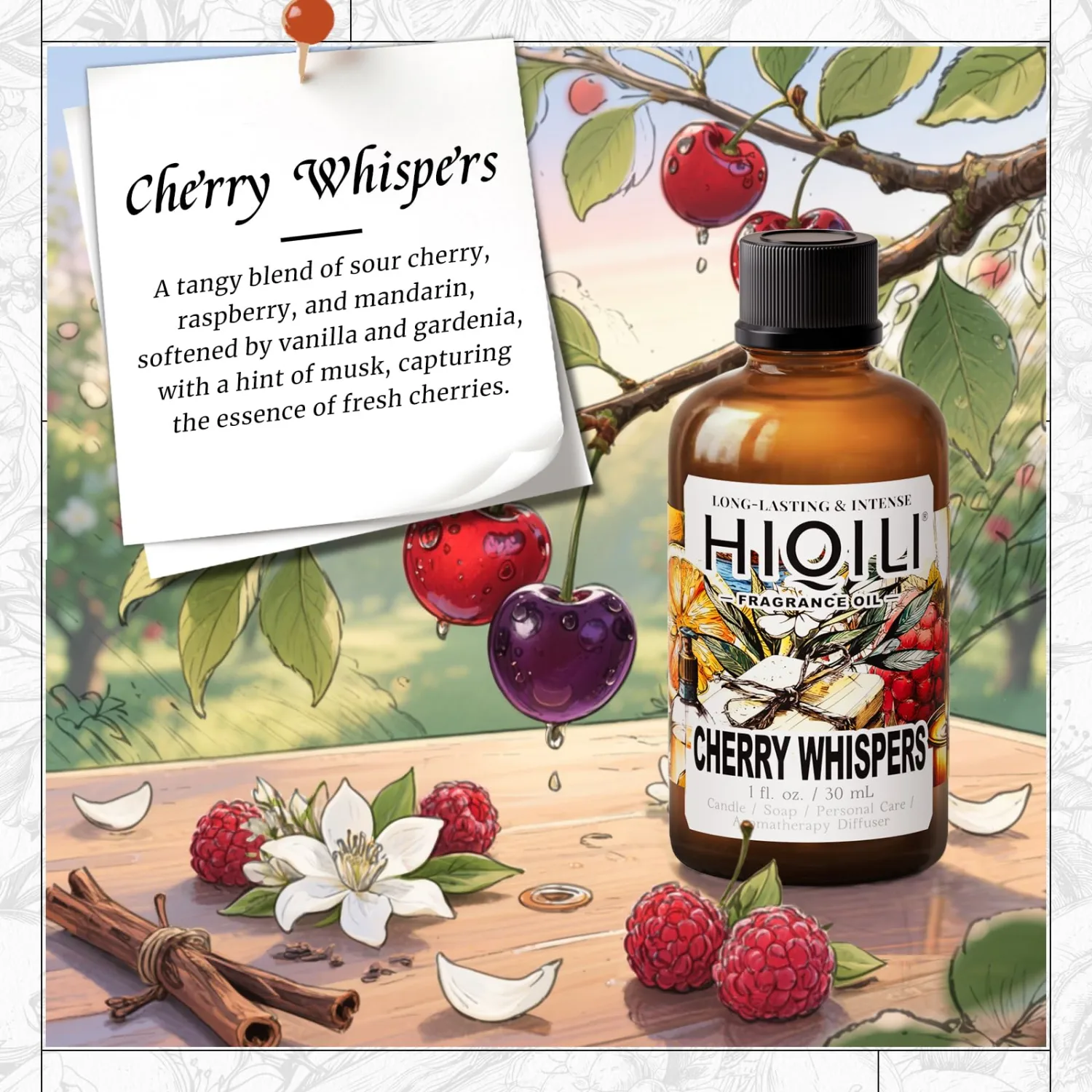 HIQILI Cherry Whispers‌ Fragrance Oil for Soap, Candle Making, Inspired by E.scd Cherry in-t.Air, Wool Dryer Balls, Home Luxury Scents for Laundry & Bathroom Use - 1.0 Fl Oz(Pack of 1)
