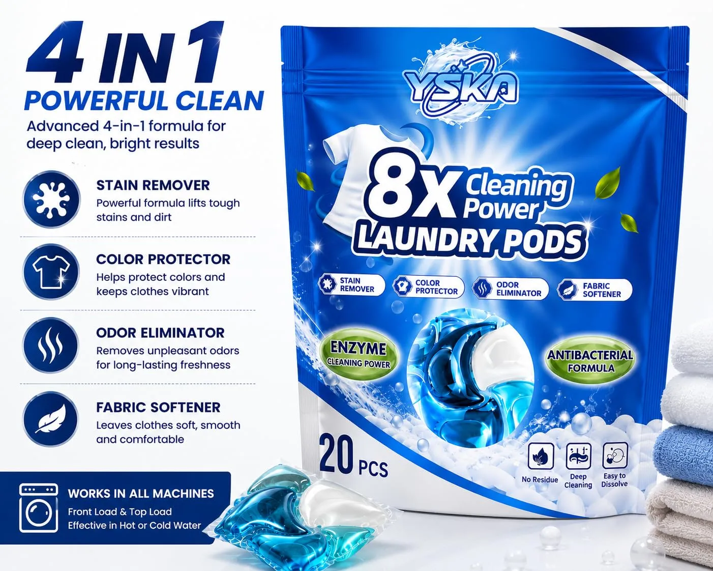 4-in-1 Laundry Detergent Pods, 20 Count, Powerful Stain Remover, Color Protection, Odor Eliminator & Fabric Softener, HE Compatible, Works in Front Load & Top Load Washing Machines