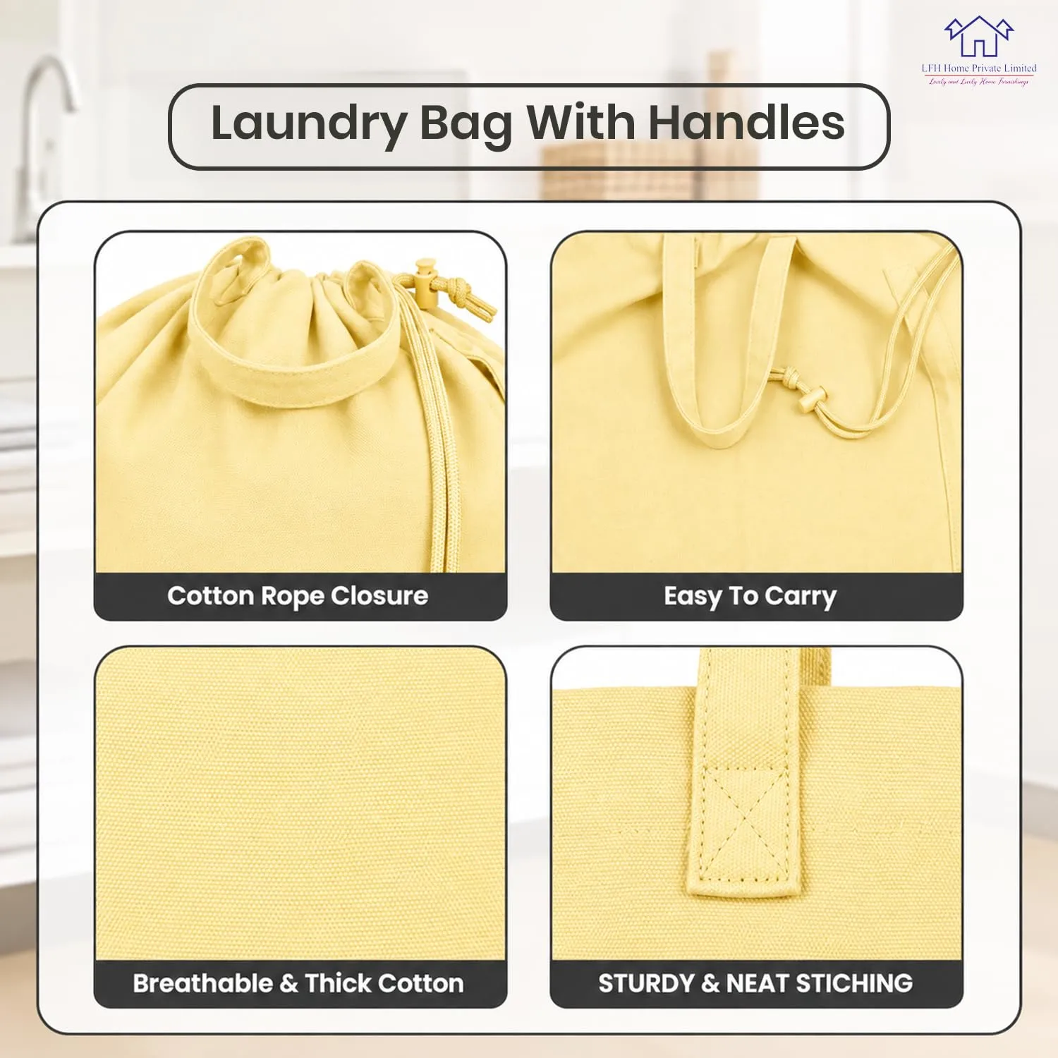 LFH Home Cotton Rich Large Premium Canvas Laundry Bag, Heavy Duty Washable Laundry Hamper with Drawstring & Handles, Multi-Use Clothes Storage for Home, Travel & College, 24"x36" - Sandal Yellow