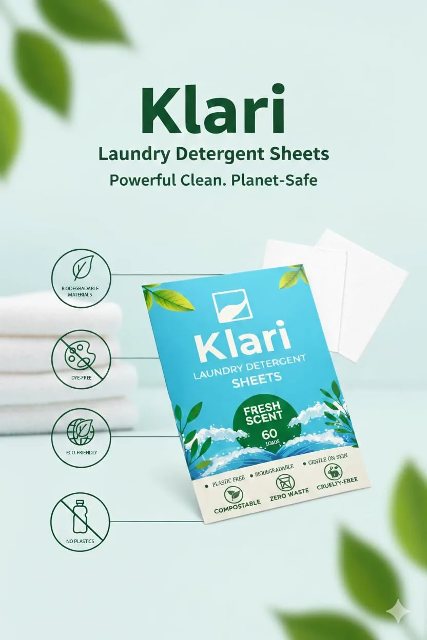 Klari Laundry Detergent Sheets, Fresh Scent, 60 Load Count - Eco-friendly, liquidless concentrated detergent sheets, zero plastic waste, gentle on sensitive skin, made in Sweden