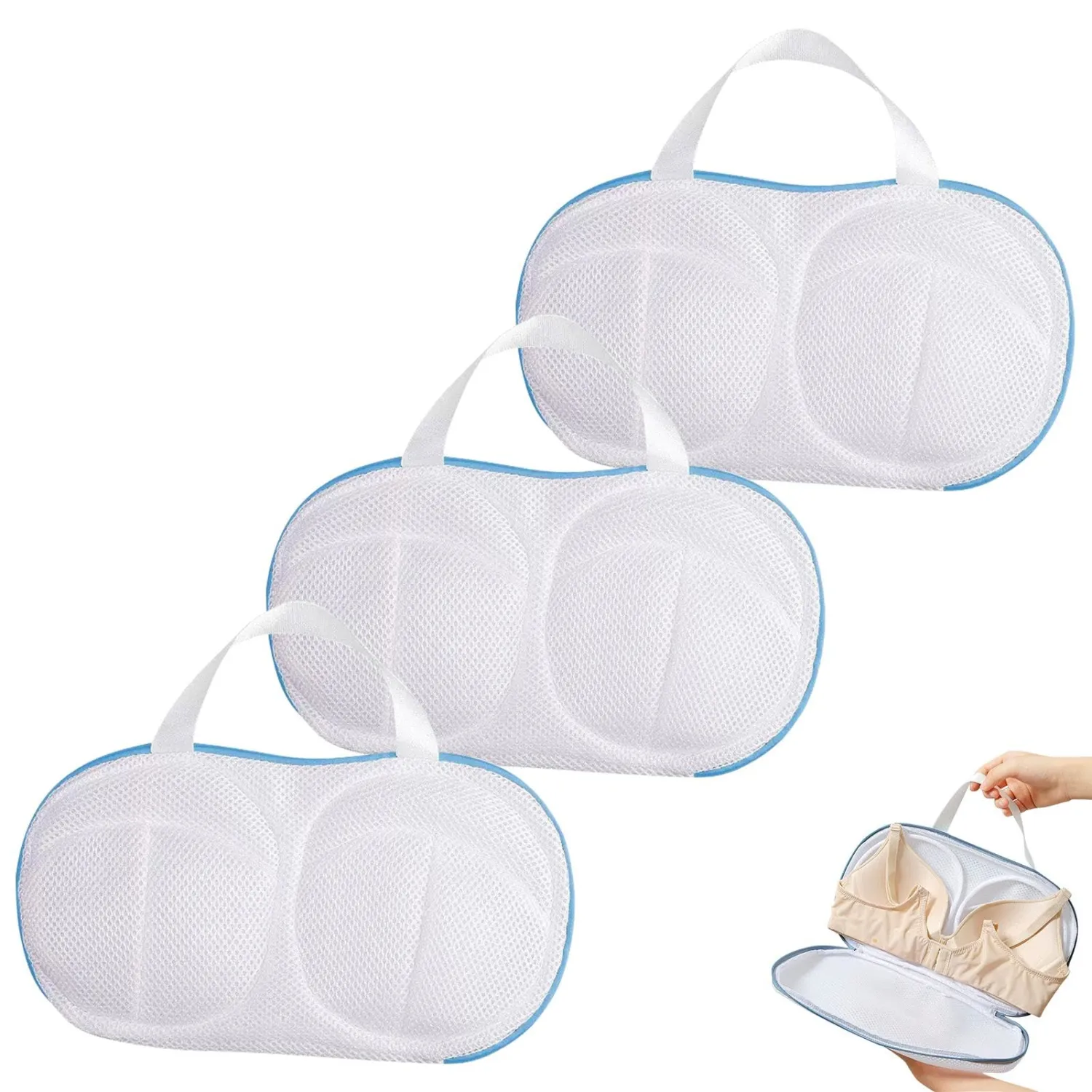 3 Pack Bra Laundry Wash Bags, Honeycomb Mesh Bag with Zipper&Hangable Loop