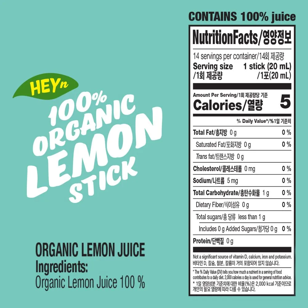 Premium Korean Organic Lemon Juice Stick - 100% [Spanish Lemon] | No Added Sugar - 0 Additives | Not From Concentrate | Hydration | Juice Packets for Lemon Water, Tea, Smoothies & Daily Wellness Routine - HeyN