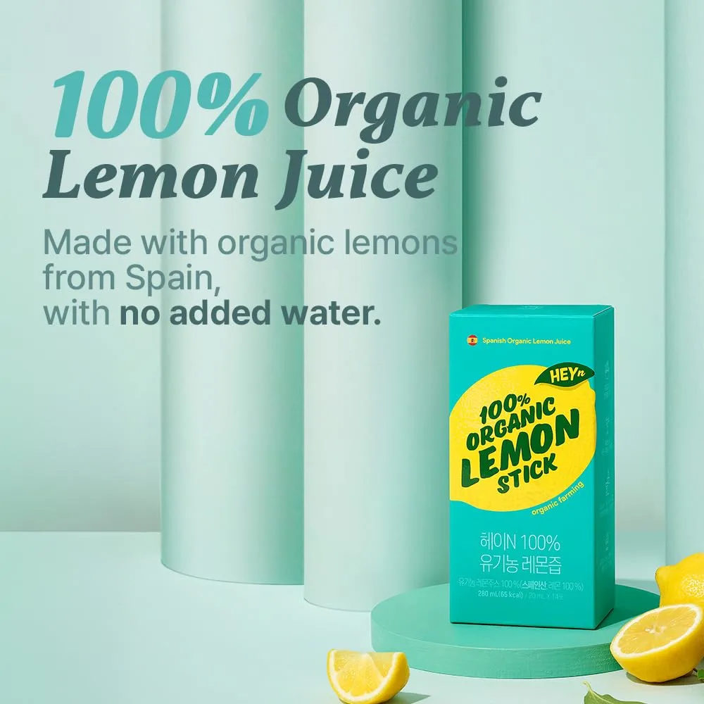 Premium Korean Organic Lemon Juice Stick - 100% [Spanish Lemon] | No Added Sugar - 0 Additives | Not From Concentrate | Hydration | Juice Packets for Lemon Water, Tea, Smoothies & Daily Wellness Routine - HeyN