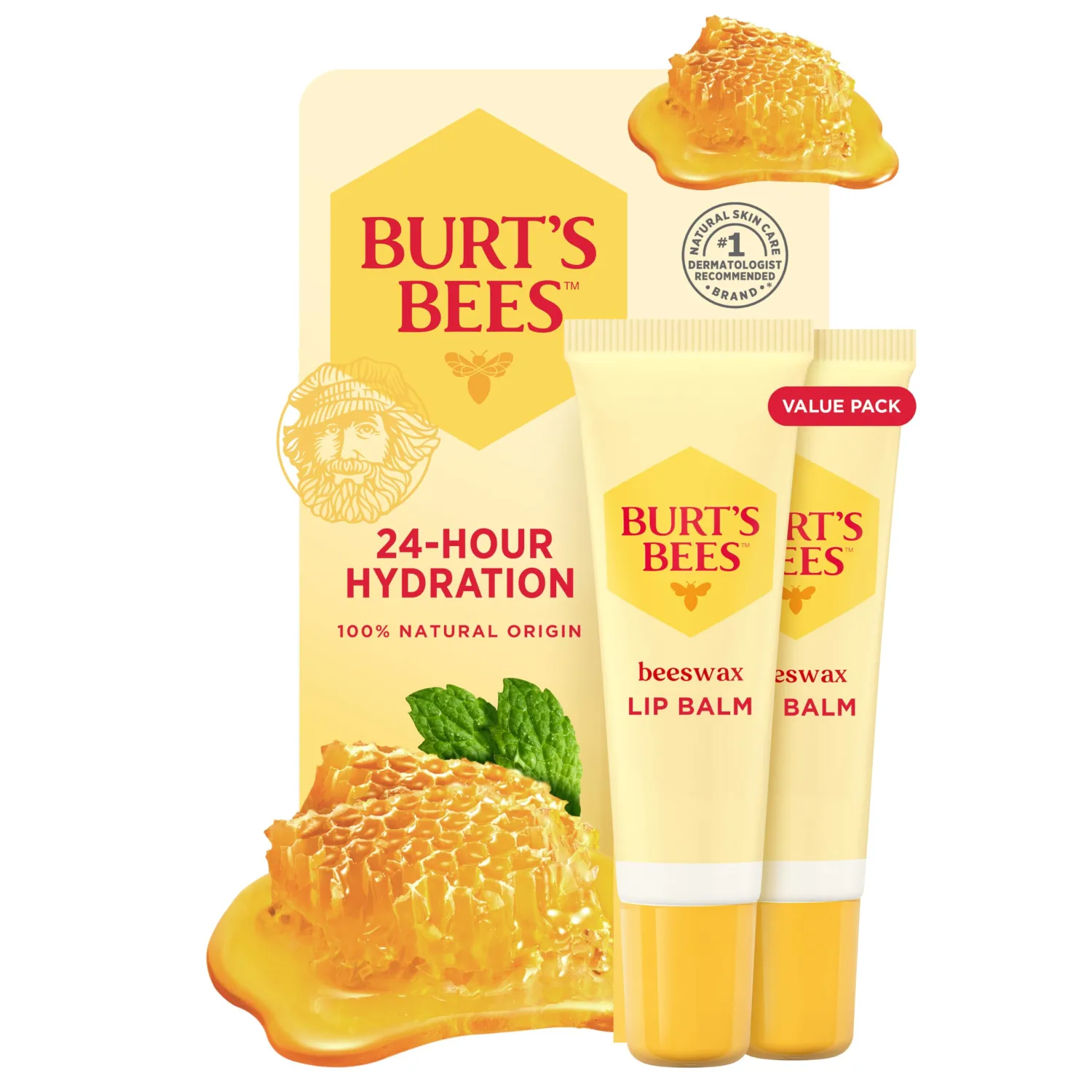 Burt's Bees 24 Hour Hydrating Lip Balm, Beeswax, 2 Pack, 0.35 oz