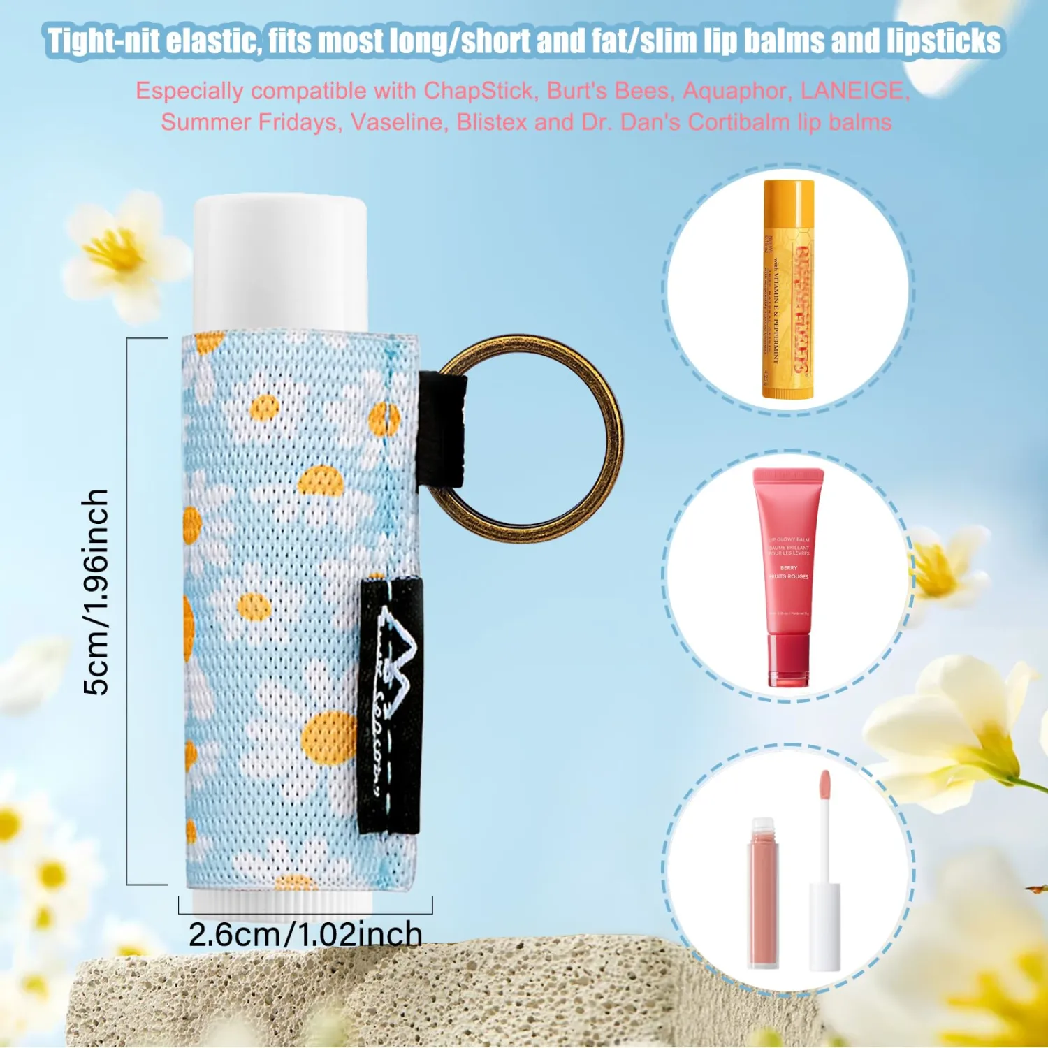 WK IEASON 8PCS Lip Balm & Lip Gloss Holder Keychain - Elastic Holder for Fat & Slim Chapsticks (8pcs Floral A)