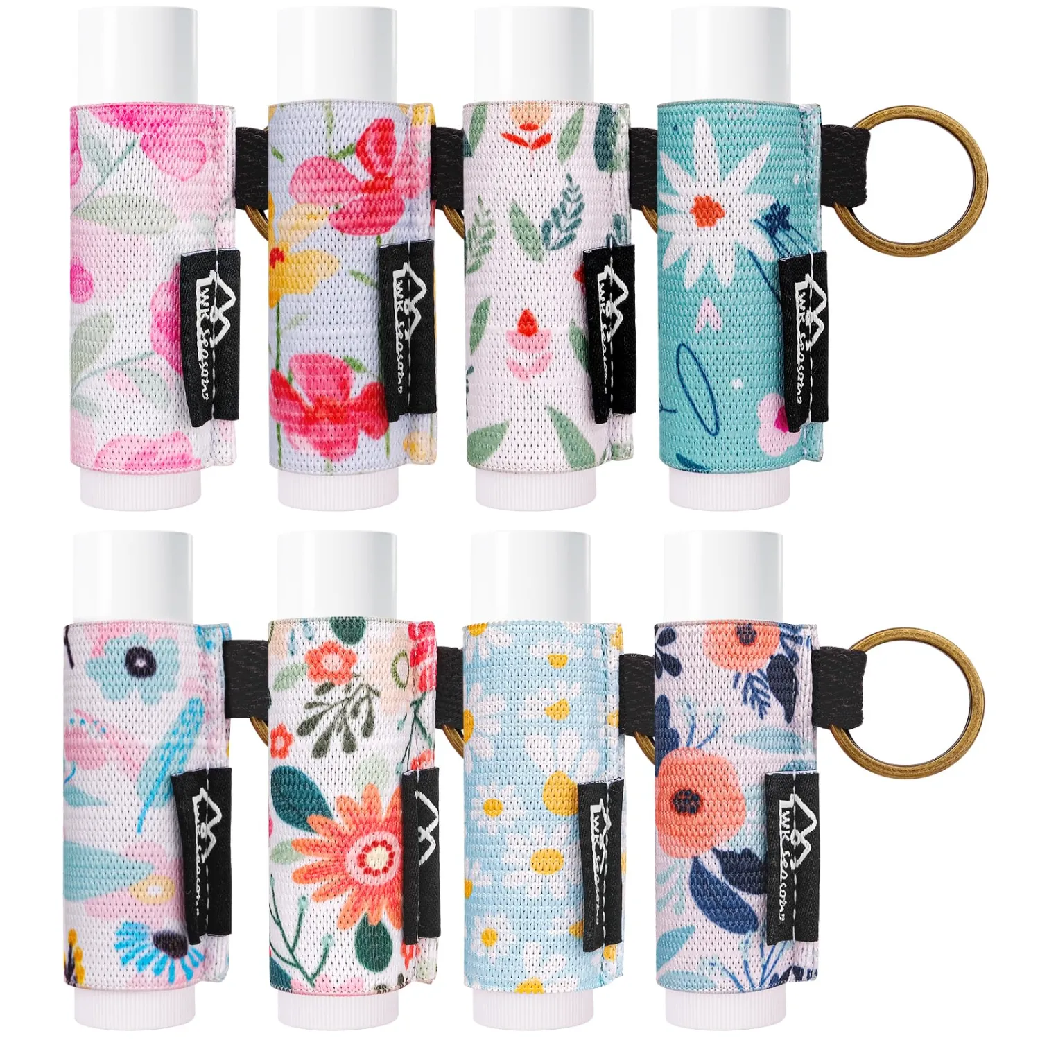 WK IEASON 8PCS Lip Balm & Lip Gloss Holder Keychain - Elastic Holder for Fat & Slim Chapsticks (8pcs Floral A)