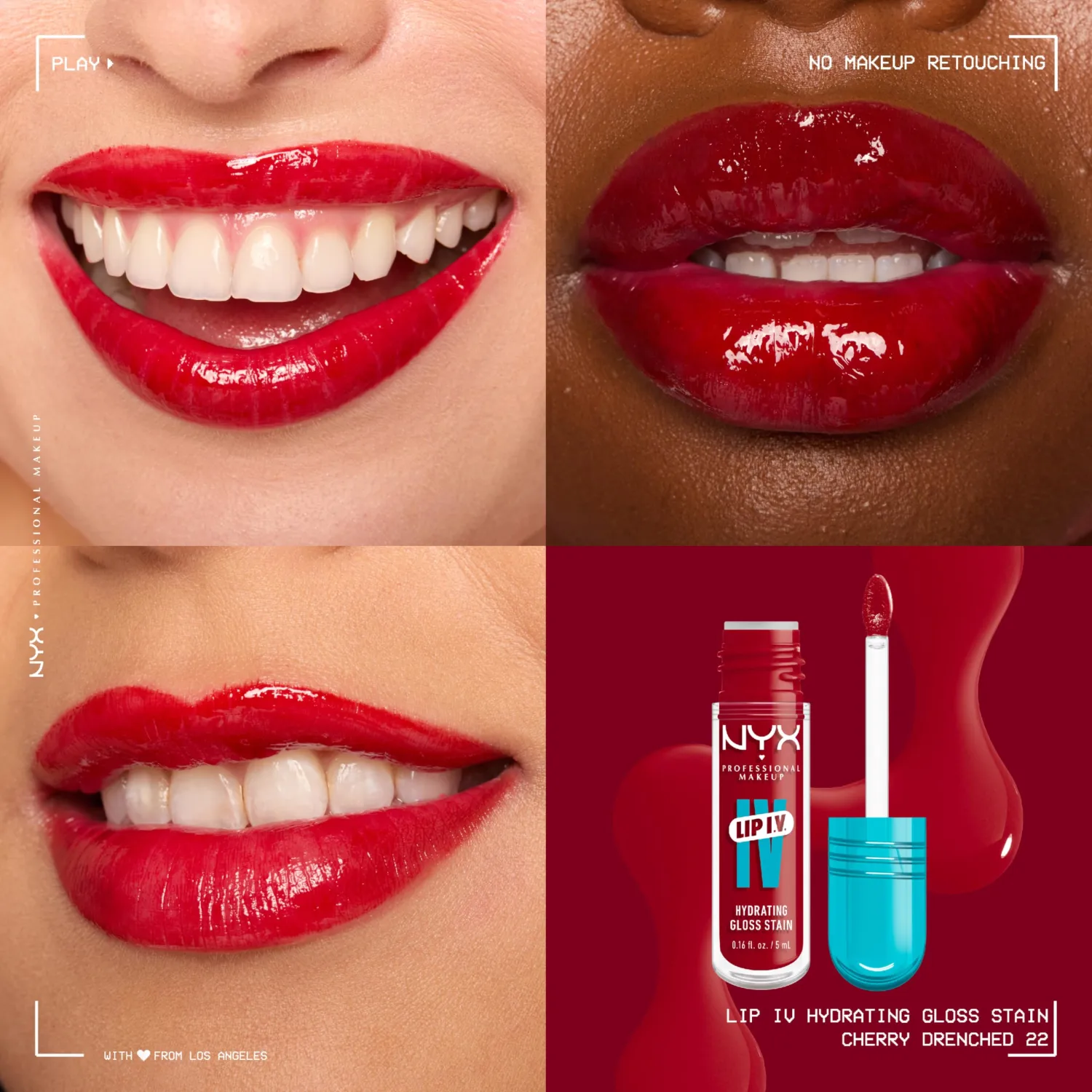 NYX PROFESSIONAL MAKEUP Lip IV Hydrating Glossy Lip Stain, Long-Lasting, Tinted, Vegan Formula with 12 HR Hydration - Cherry Drenched (Red)