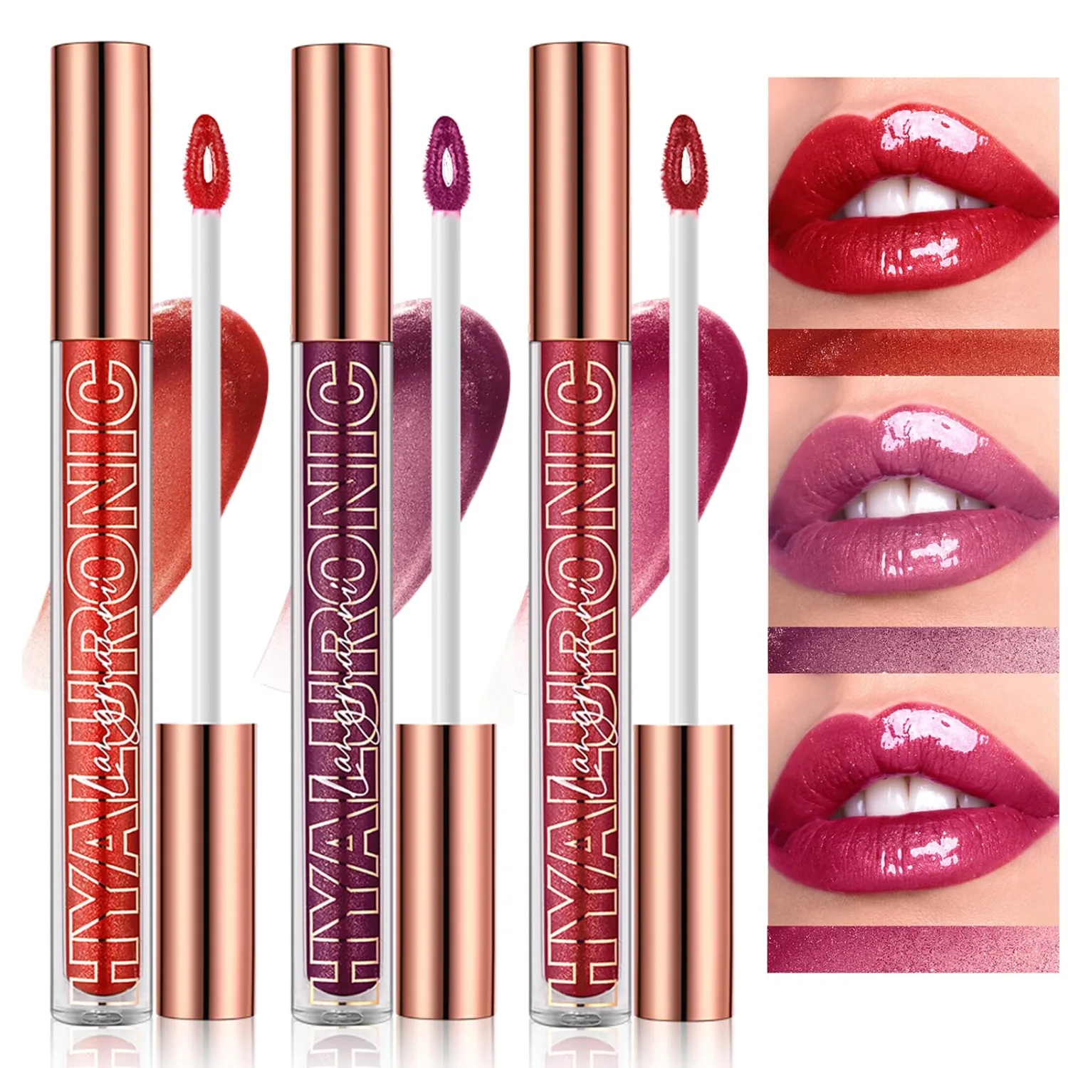 LANGMANNI Hyaluronic Acid Lip Gloss Set(3Pcs),Shimmer & Long Lasting Smooth Texture Gloss For Lips Plumping,Moisturizing And Brightening. 0.1oz/pc (#6+#7+#8)