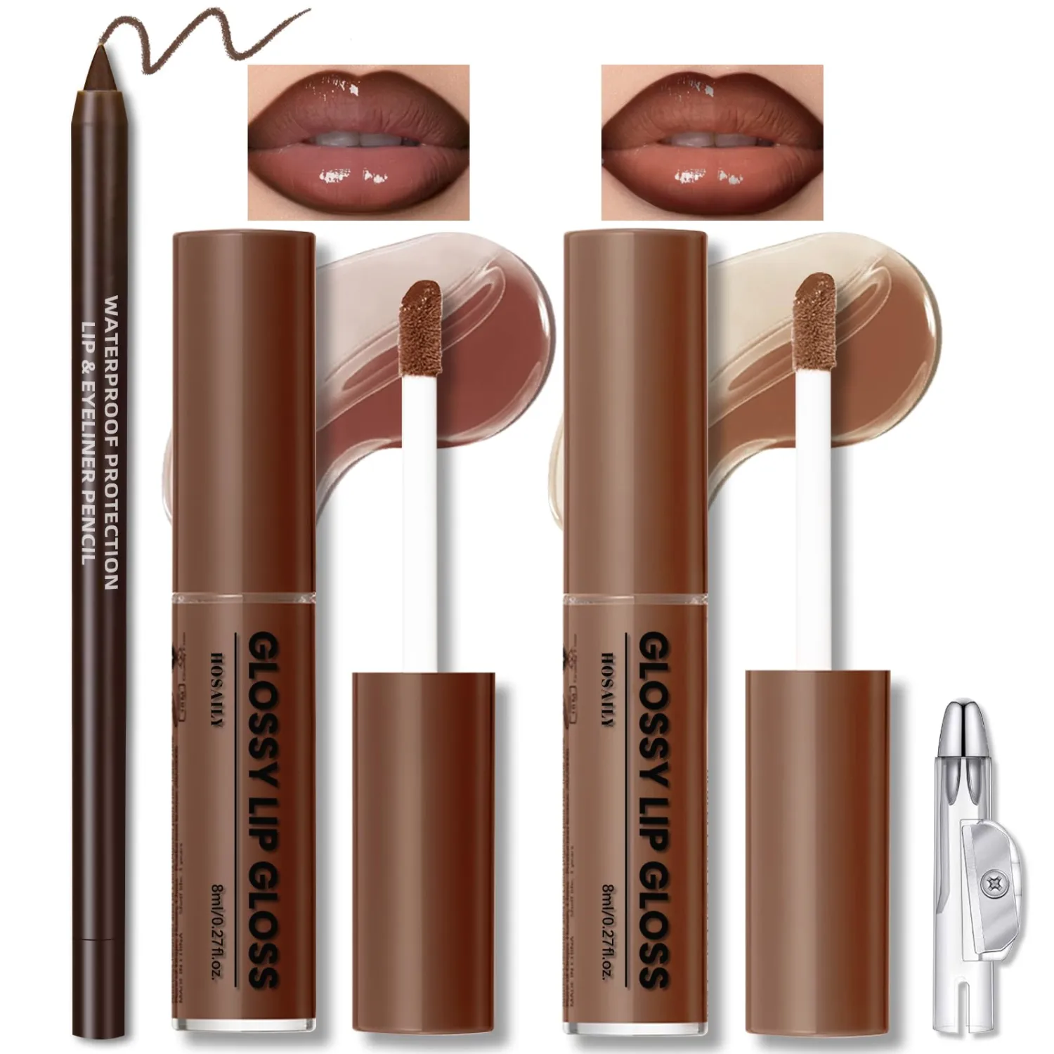 HOSAILY Natural Nude Lip Combo, High Shine Lip Gloss&Brown Lip Liner Set