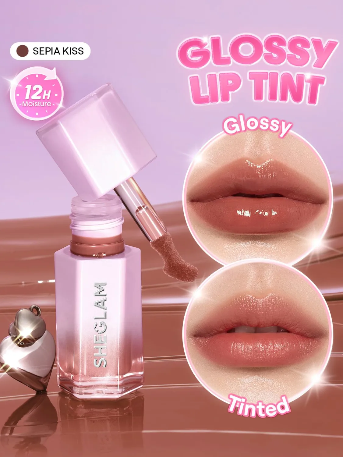 SHEGLAM Glazed & Locked Glossy Long-lasting Lip Tint Lightweight Non-Sticky Mirror-Like Finish Lipstick-555 Sepia Kiss