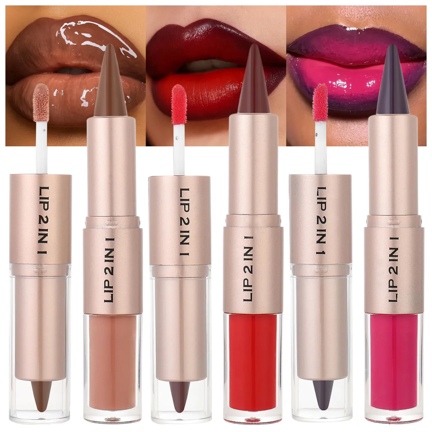 Erinde 2 In 1 Lip Combo Set, 3PCS Dual-Ended Lip Liner & Gloss Combo