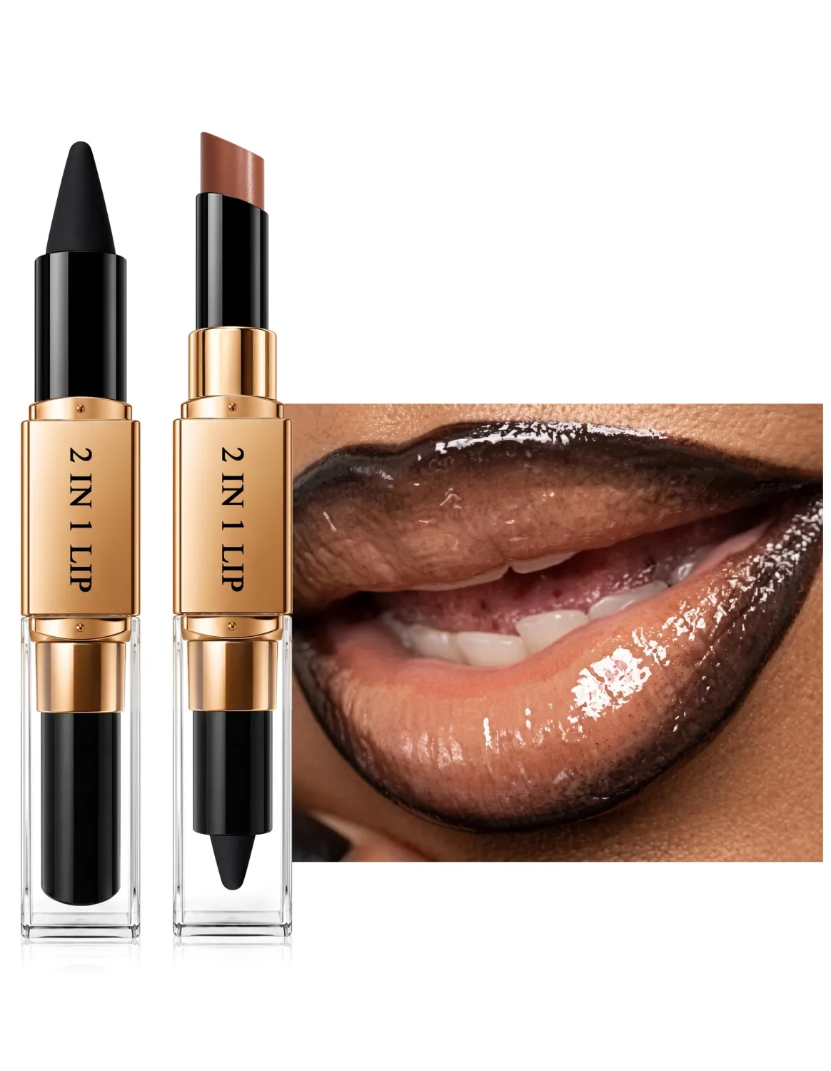 2-in-1 Lip Liner and Lipstick Combo, Matte Lip Liner & Gloss Lipstick, 01