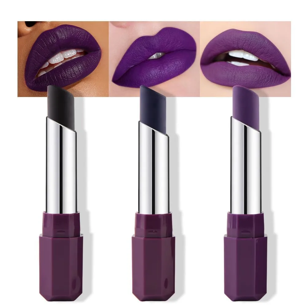 3Pcs Purple Matte Cream Lipstick Set for Women, Orchid Purple & Deep & Plum, Twist-Up Smooth Long-Lasting Lip Color, Lightweight Hydrating Velvet Finish for Everyday Makeup Holiday Party