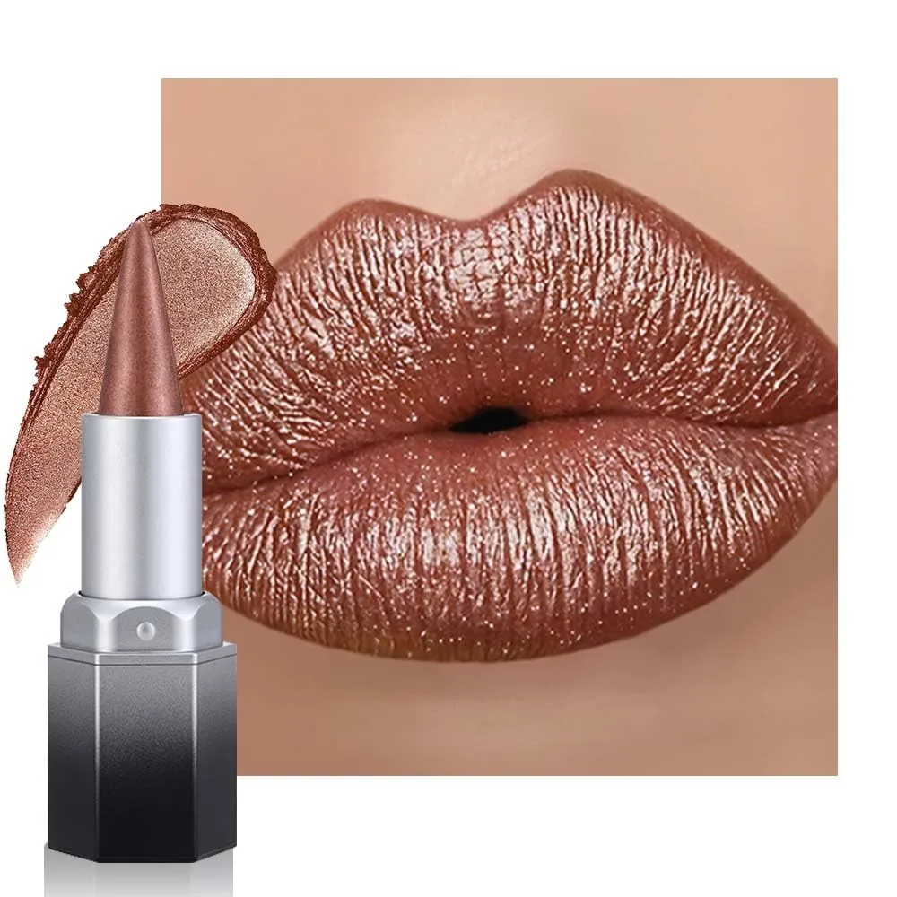 FeiCuiYun Copper Metallic Lipstick & Lip Liner Combo For Women with Metallic 3D Shine Lightweight Hydrating Formula, Cone Tip Lip Crayon Long Lasting Waterproof, Hydrating Lipstick Makeup